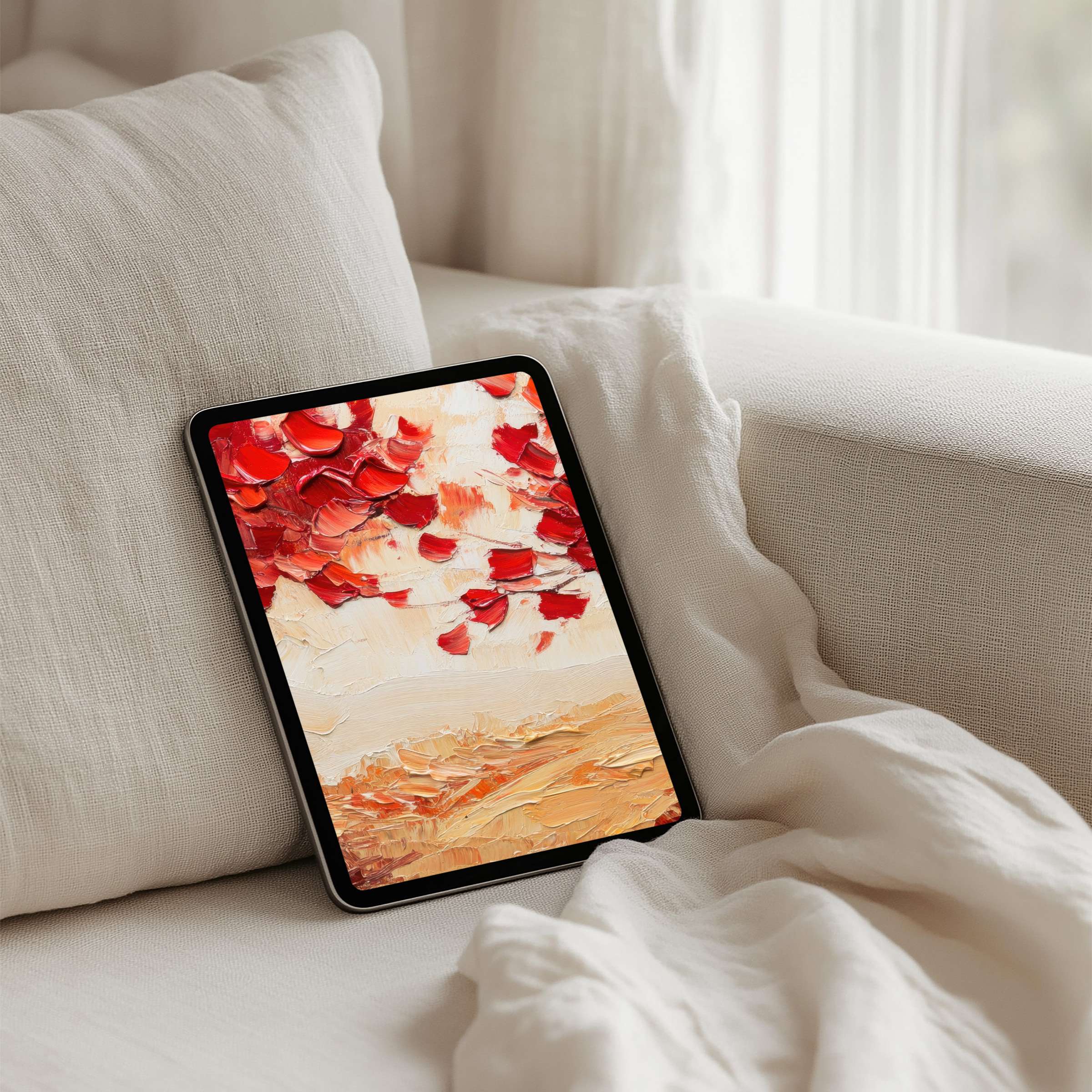 Elegant abstract iPad background with vibrant red and warm sandy tones is an instant download for mindfulness on any tablet