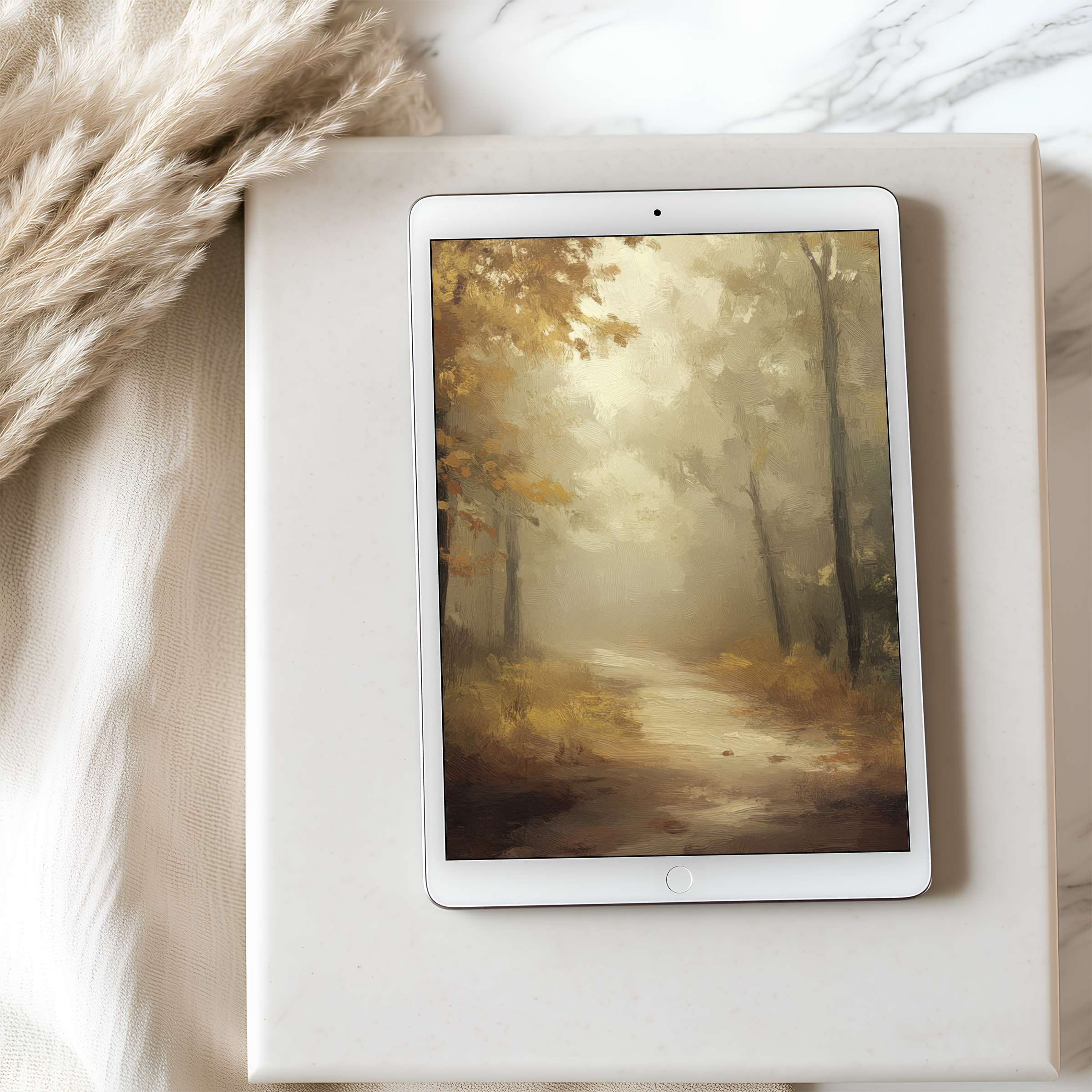 Elegant tablet wallpaper featuring an autumn forest scene, perfect for a high resolution iPad, enhancing tranquility and design aesthetics