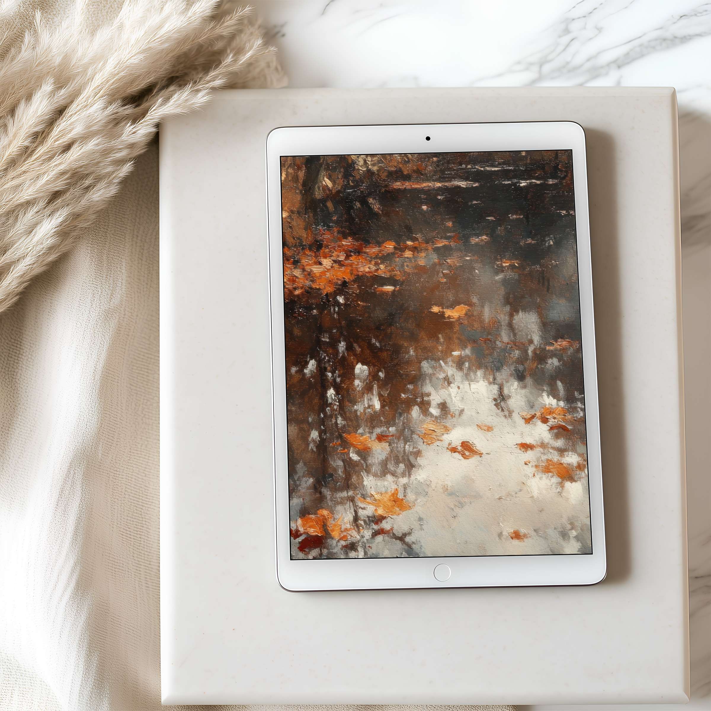 Autumn-inspired tablet wallpaper for iPad, showcasing warm orange and brown abstract art, enhancing your digital space elegantly