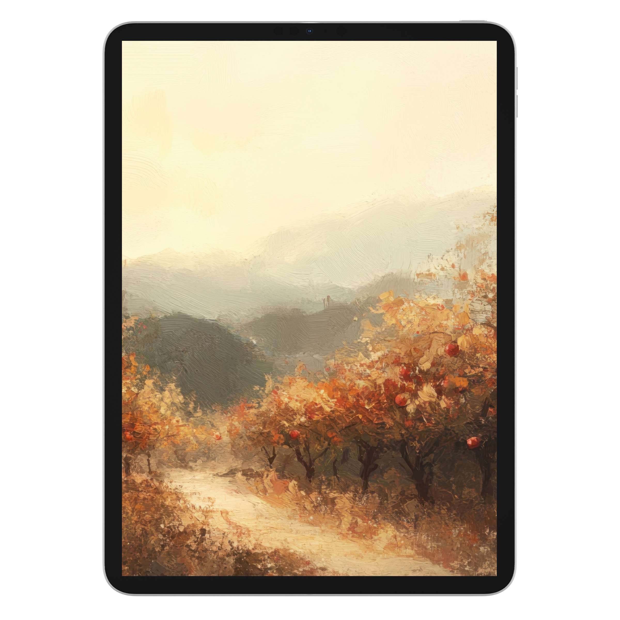 Elegant fall iPad wallpaper digital download with warm autumn hues, enhancing tablet backgrounds for a calming, artistic touch