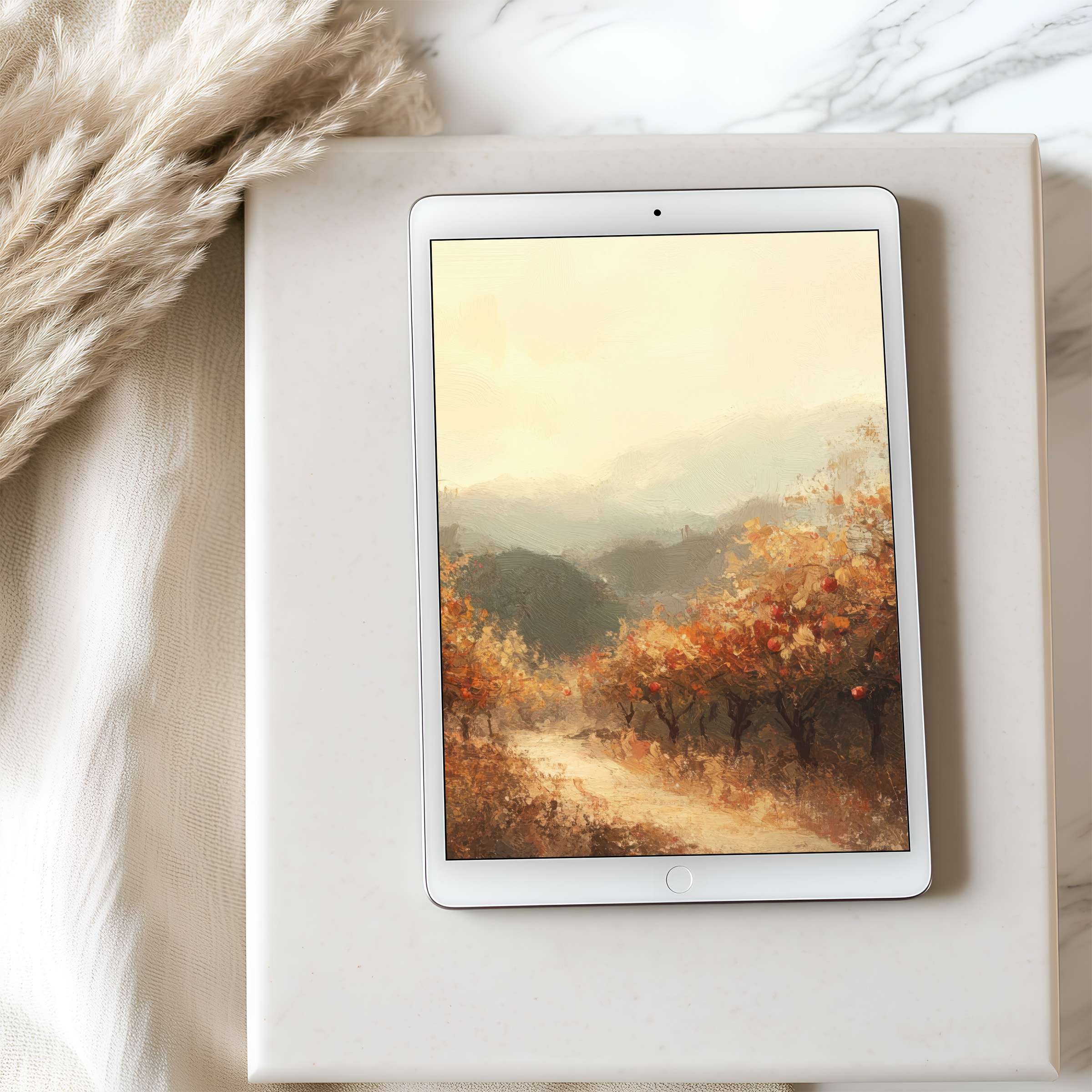 Elegant tablet wallpaper with serene autumn landscape, painted in soft earthy hues, offers high resolution digital download for iPad or Android