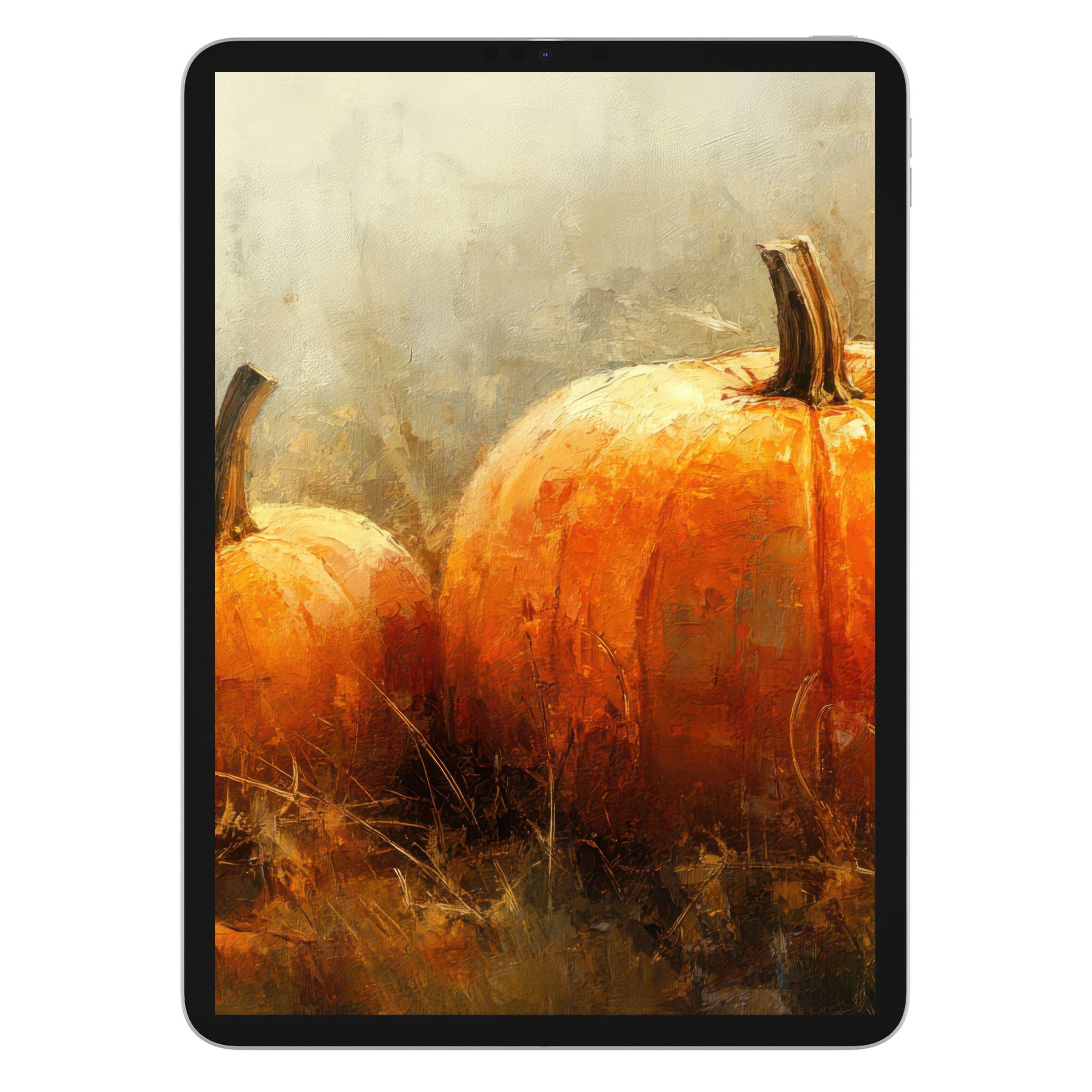 Fall iPad wallpaper of warm pumpkins in an abstract brush-stroked background perfect for tablet users seeking a serene digital download