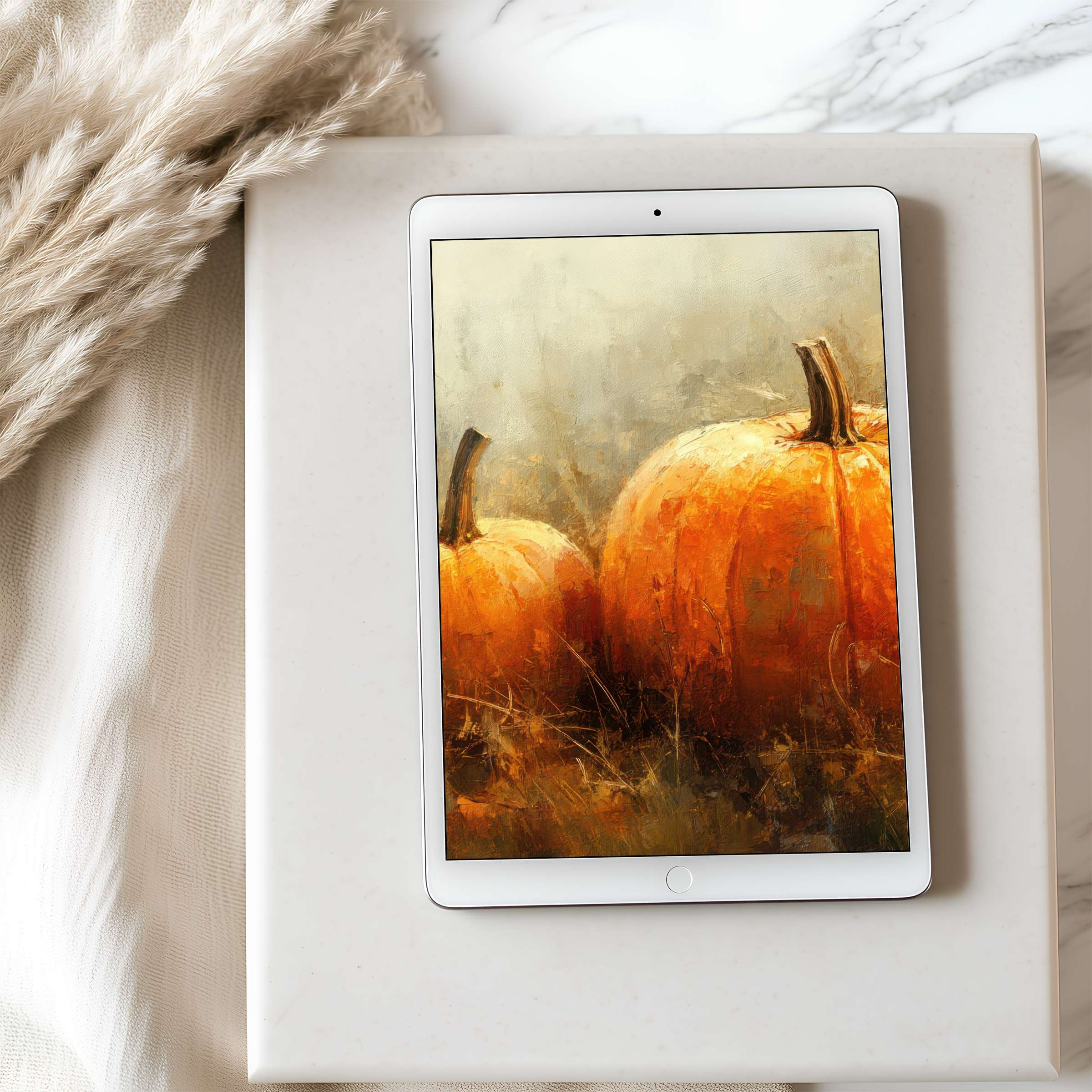 Elegant tablet wallpaper featuring rich-toned pumpkins in a high-resolution digital painting, ideal for iPad, enhancing tranquility and style