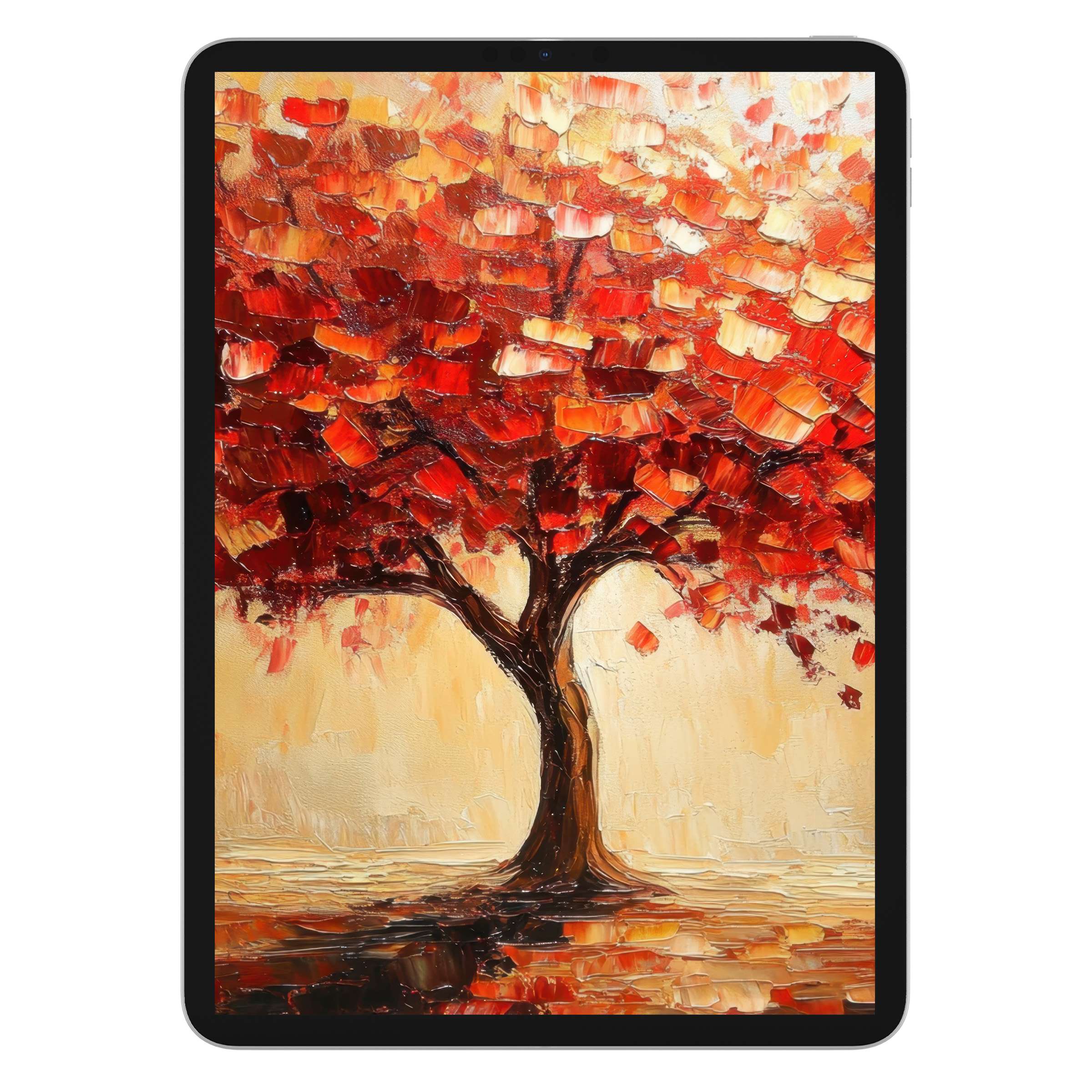 Elegant digital download fall iPad wallpaper with a vibrant red and orange tree, enhancing tablet backgrounds with calm artistry