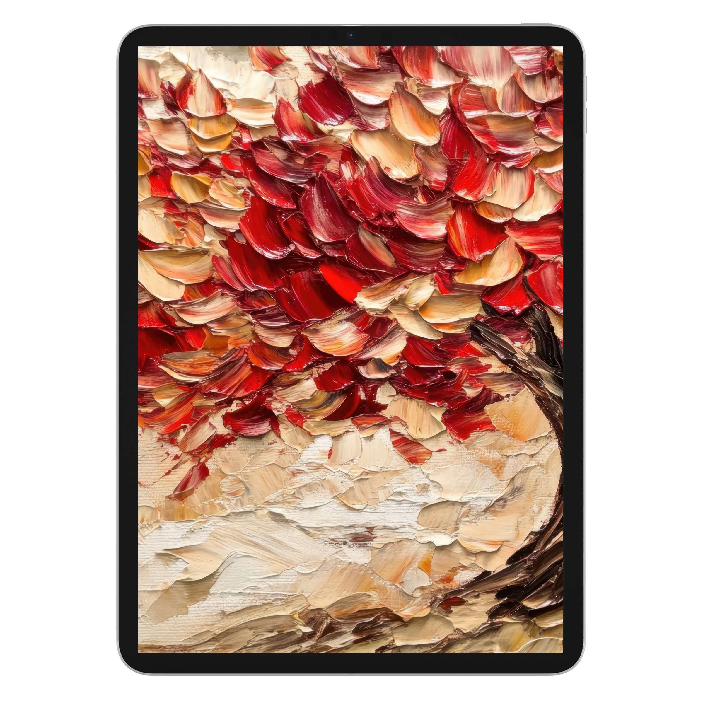 Vibrant fall iPad wallpaper in rich red and warm tones, perfect digital download for elegant tablet background and serene mood