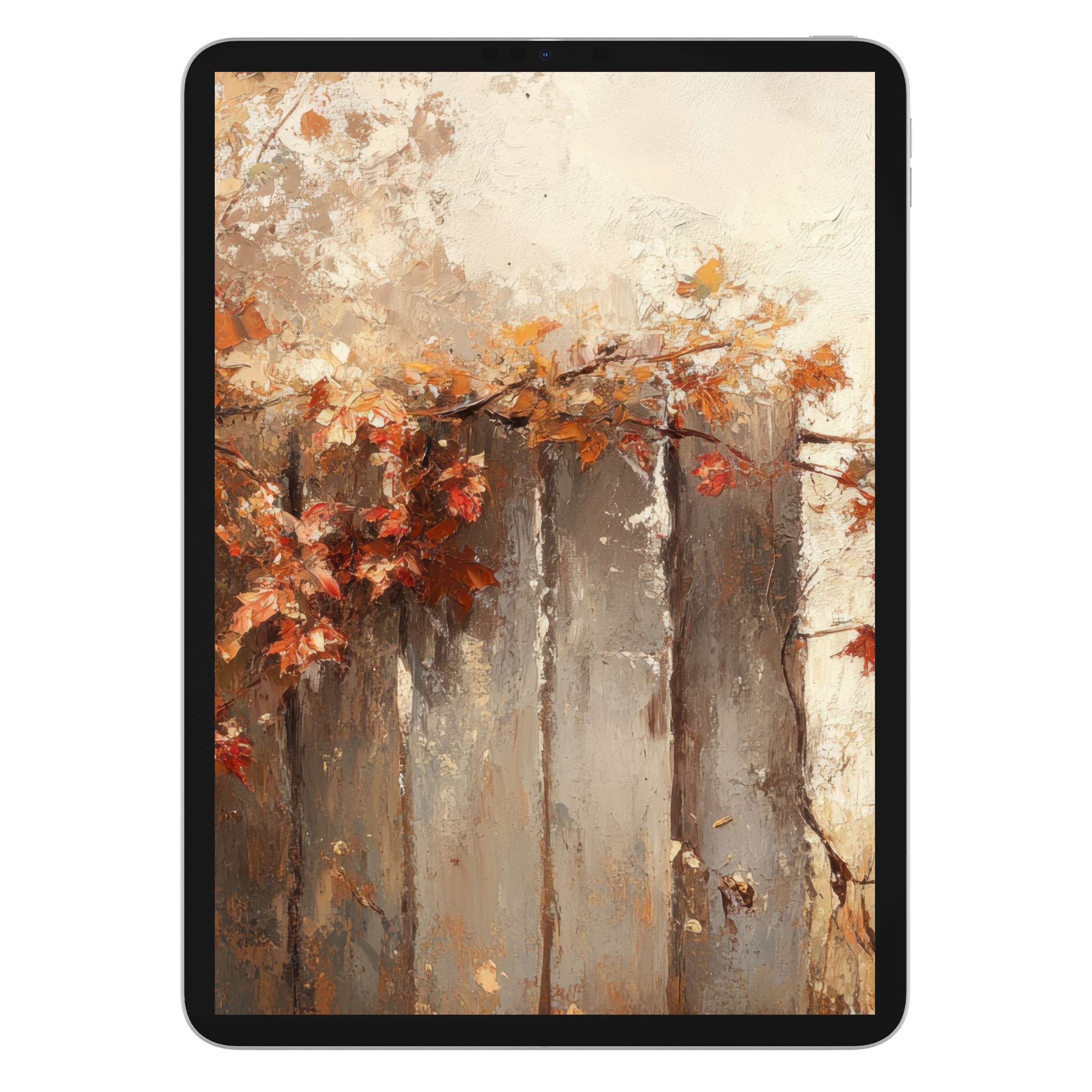 Elegant fall iPad wallpaper with textured autumn leaves creates a serene digital download background for tablets, offering peace