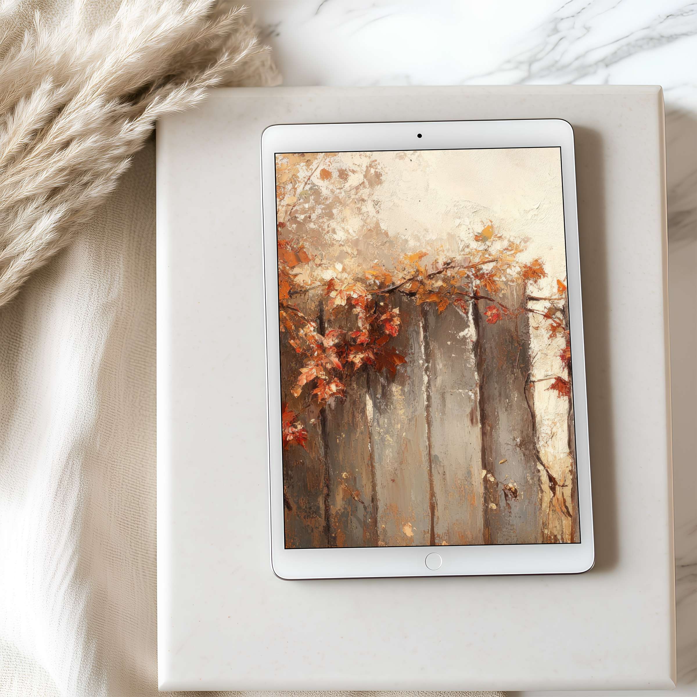 Elegant fall-themed tablet wallpaper in high resolution, with warm earth tones and leaf motifs, perfect for iPad and Android tablets