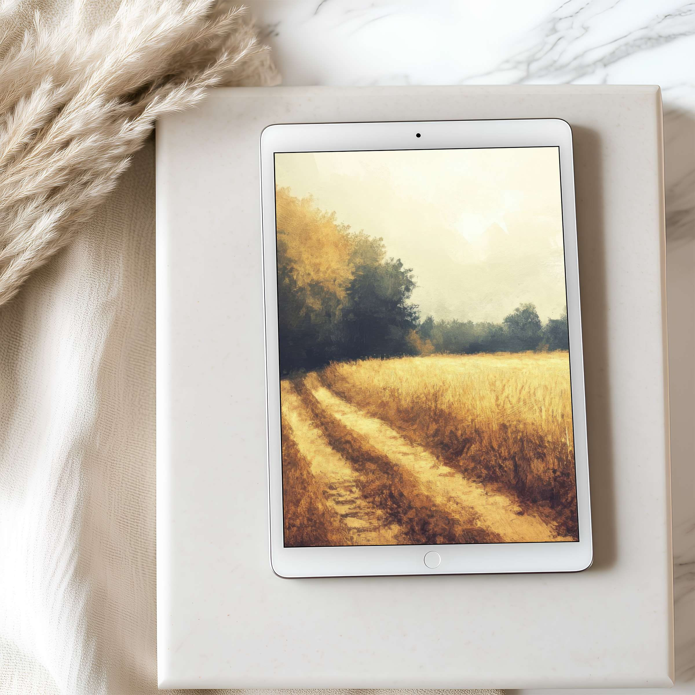 Elegant tablet wallpaper showcasing a serene landscape with golden fields, perfect for iPad and Android downloads, enhancing calm spaces