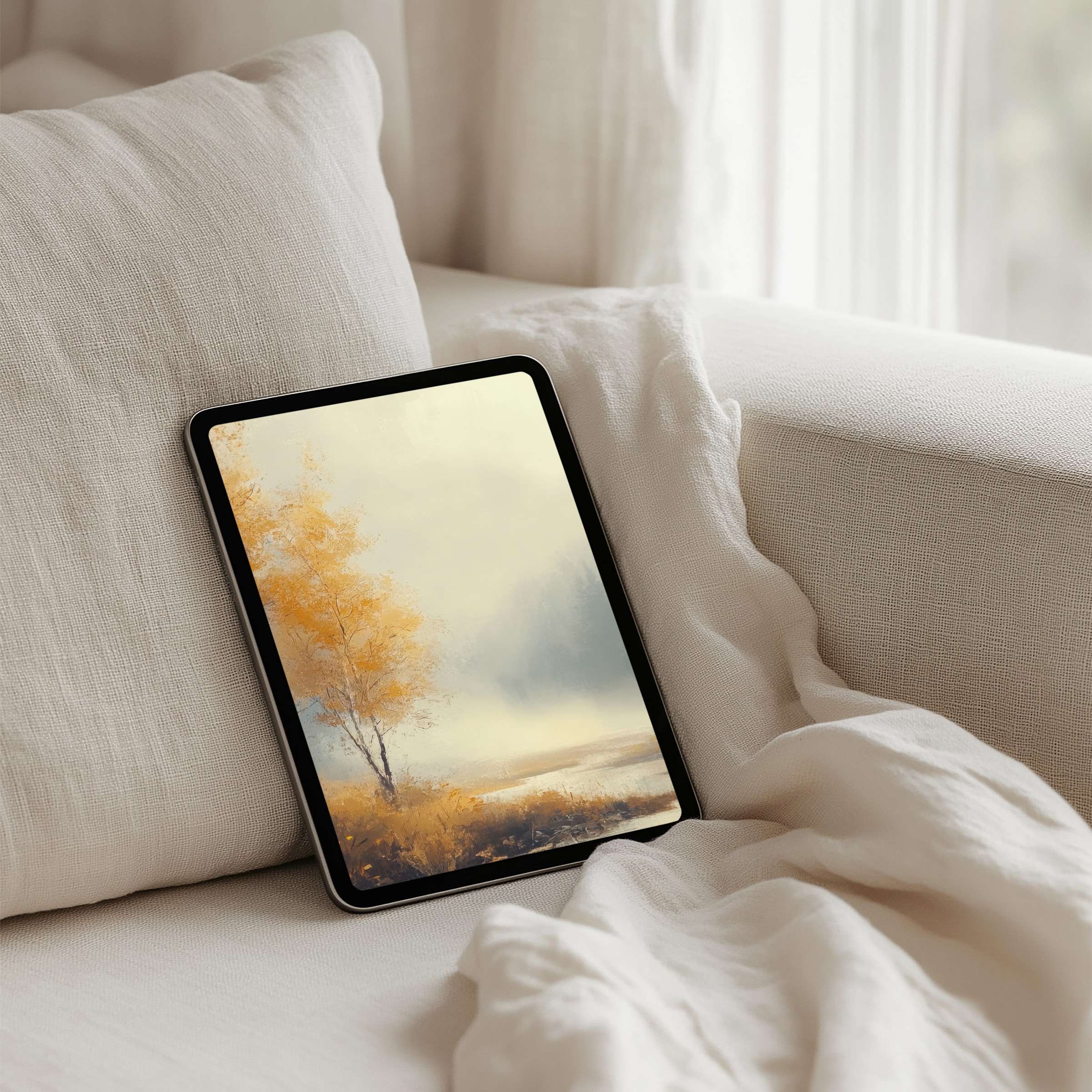 Elegant iPad background with serene autumn landscape, perfect for tablet users seeking instant download to inspire calm and mindfulness