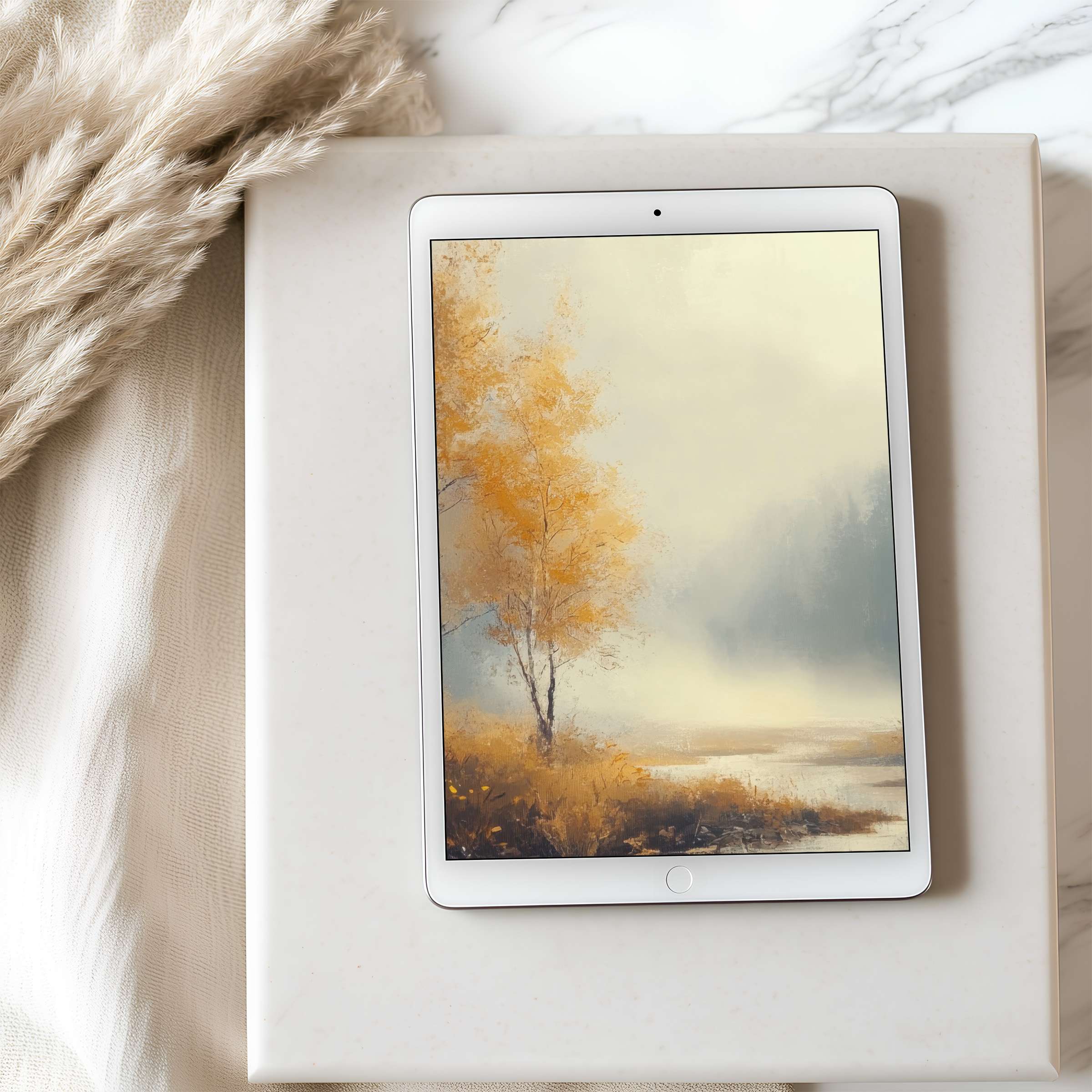 Elegant autumn landscape tablet wallpaper offers a calming digital escape on high-resolution iPad, perfect for serene designs and downloads