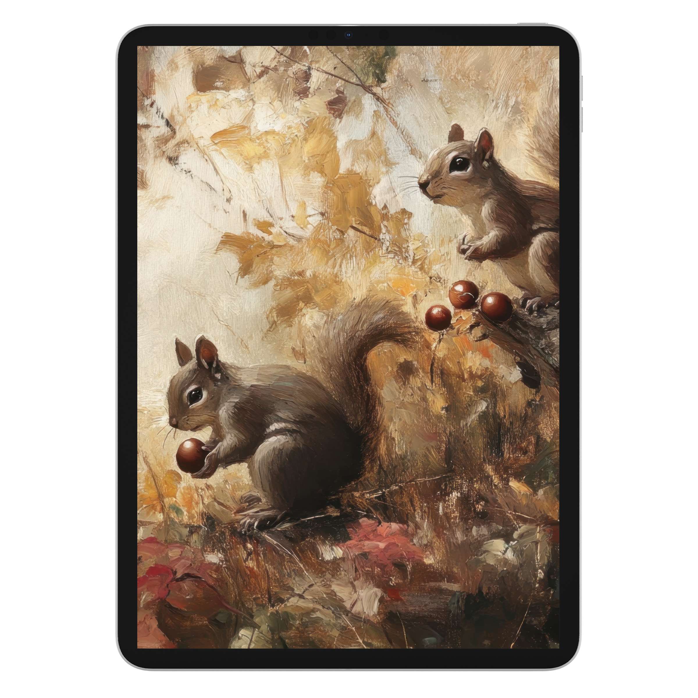 Elegant fall iPad wallpaper showcasing squirrels amidst golden leaves, perfect digital download for calming tablet background designs