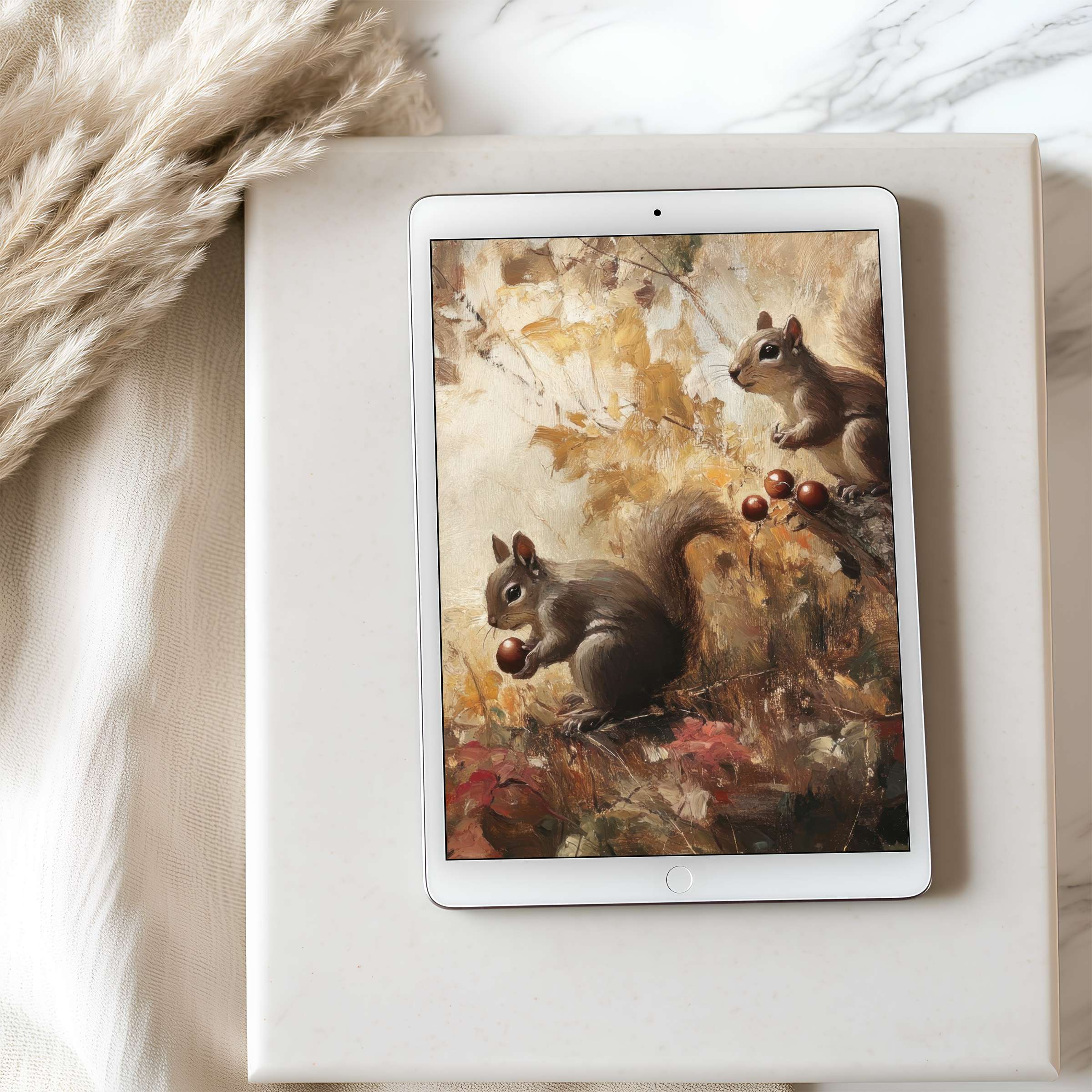 Elegant tablet wallpaper featuring serene squirrels in autumn hues, perfect for iPads and Androids, offering calm and digital convenience