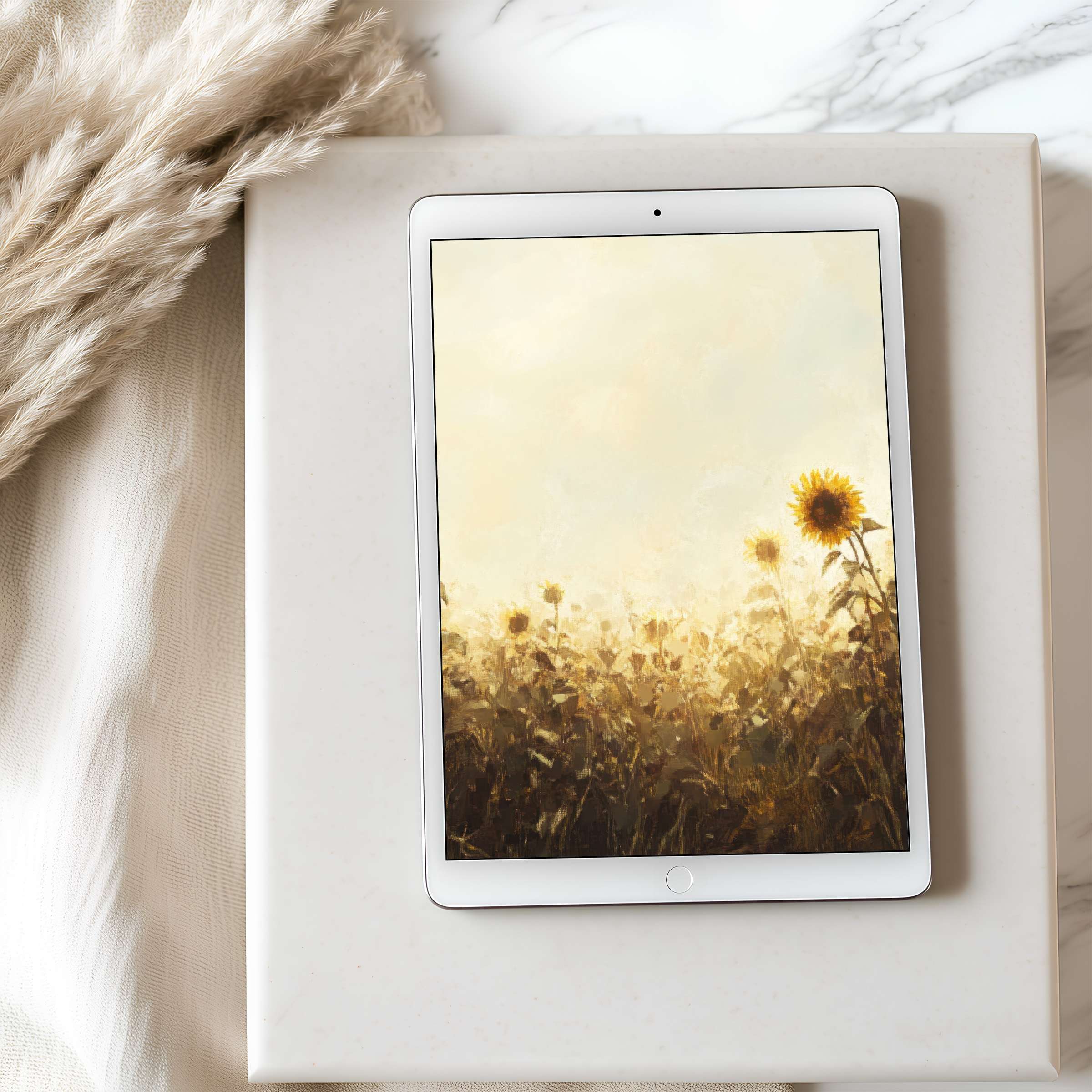 Sunlit sunflower field tablet wallpaper brings elegance to your iPad with high-resolution digital download for serene aesthetics