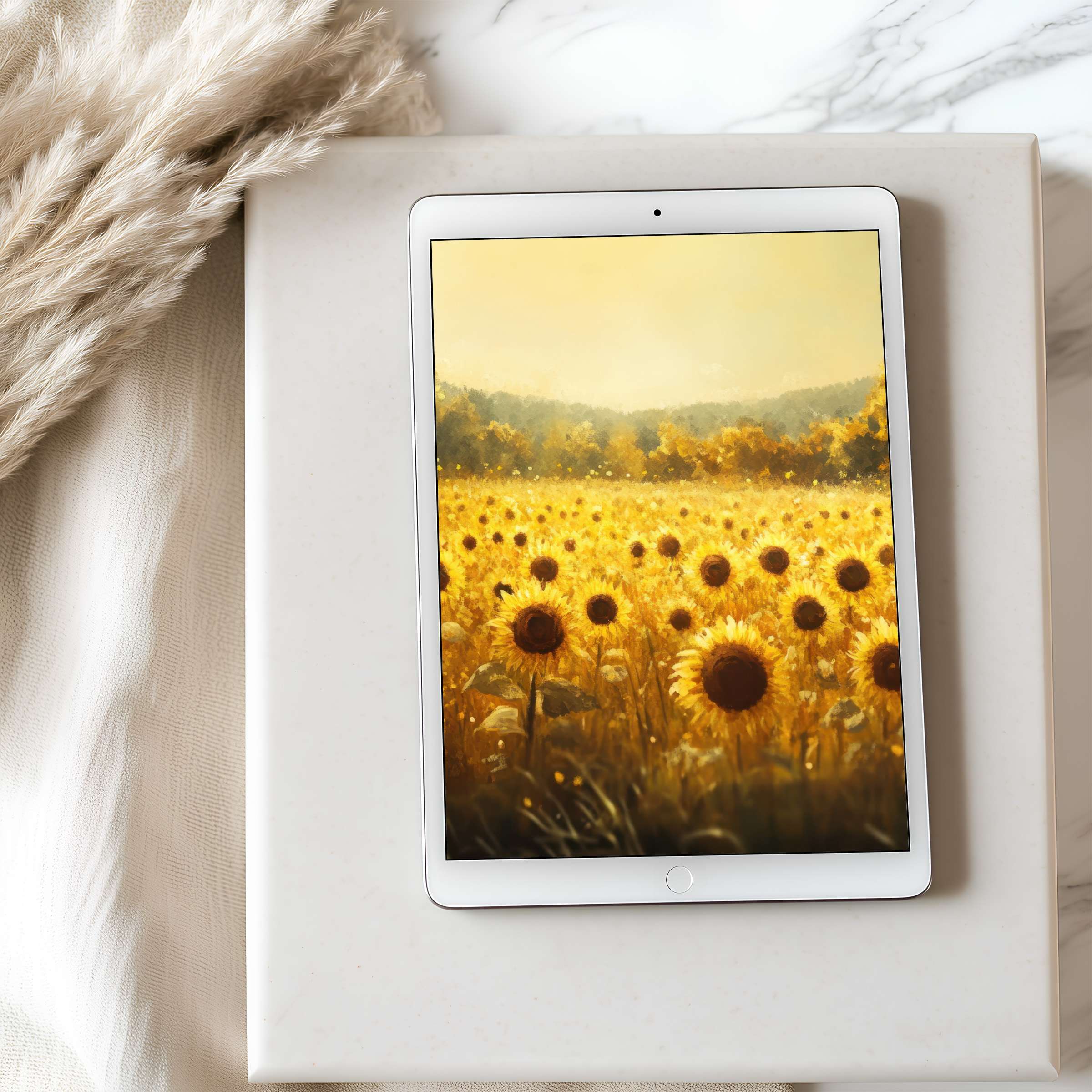 Inspire calm with this sunlit sunflower field tablet wallpaper in high resolution, perfect for iPad and Android digital download