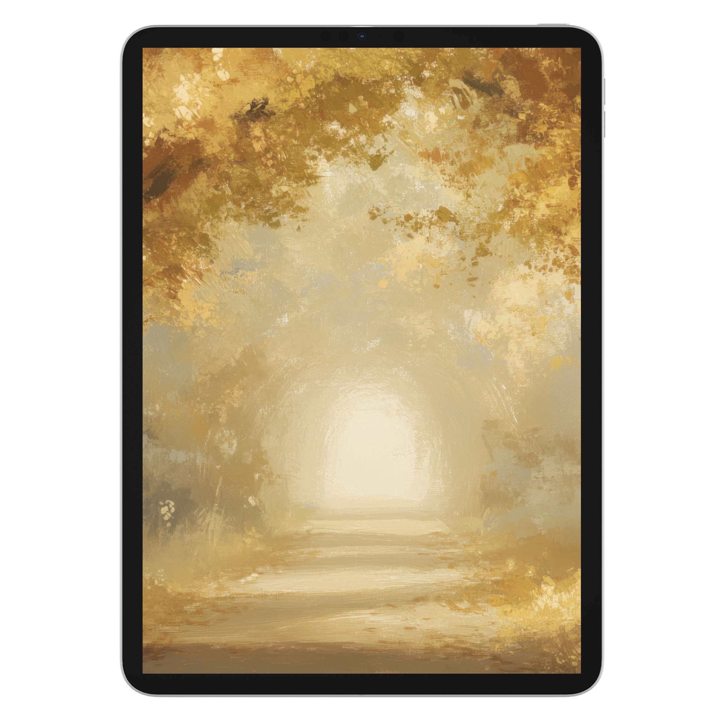 Fall iPad wallpaper as digital download features warm, golden brushstrokes creating a serene path ideal for tablet background lovers