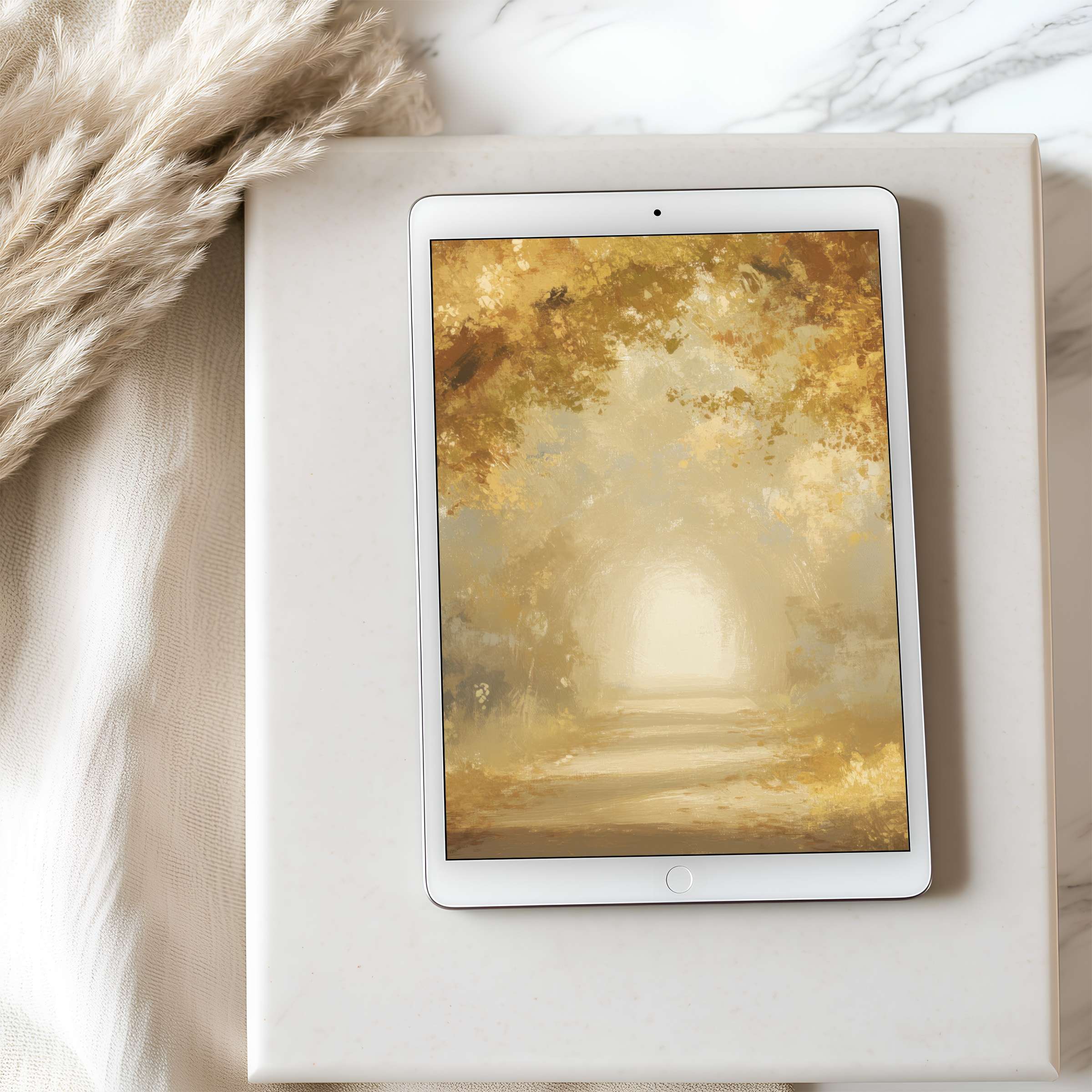 Elegant tablet wallpaper featuring golden autumnal forest path art in high resolution, perfect for digital download on iPad and Android tablets