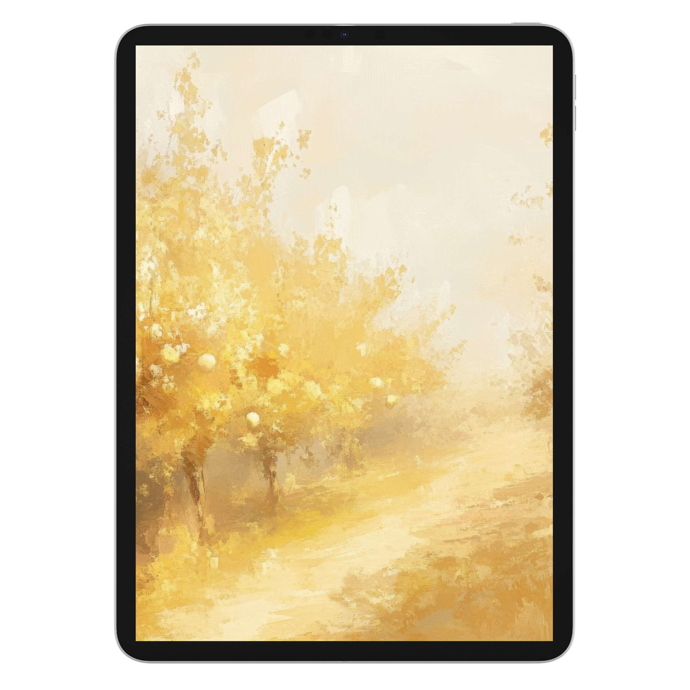 Elegant fall iPad wallpaper with golden abstract trees offers a serene digital download background for any tablet device user
