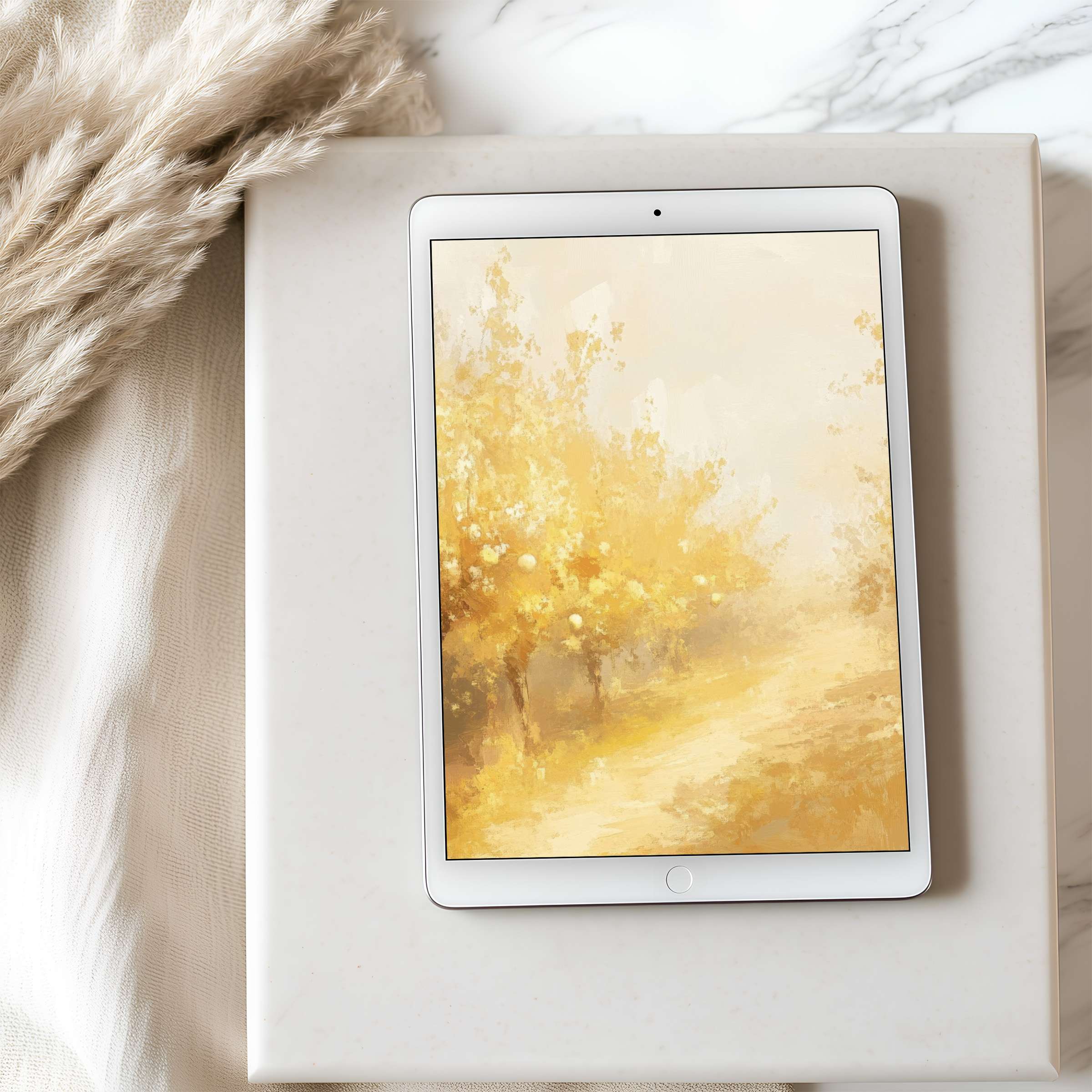 Elegant tablet wallpaper features a serene golden landscape watercolor motif, perfect for iPad and Android tablets, offering a soothing digital download experience