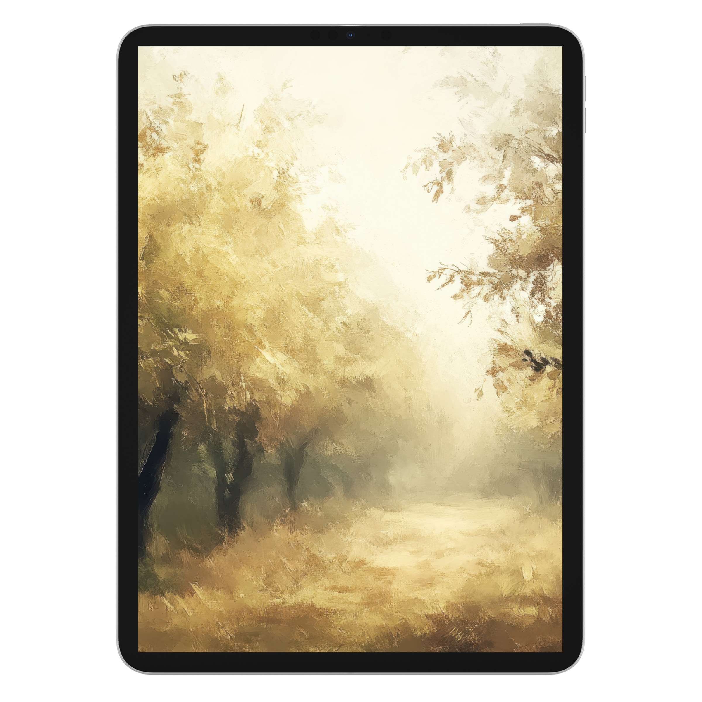 Fall iPad wallpaper featuring soft golden autumn forest painting offers a serene background for tablet use, digital download available