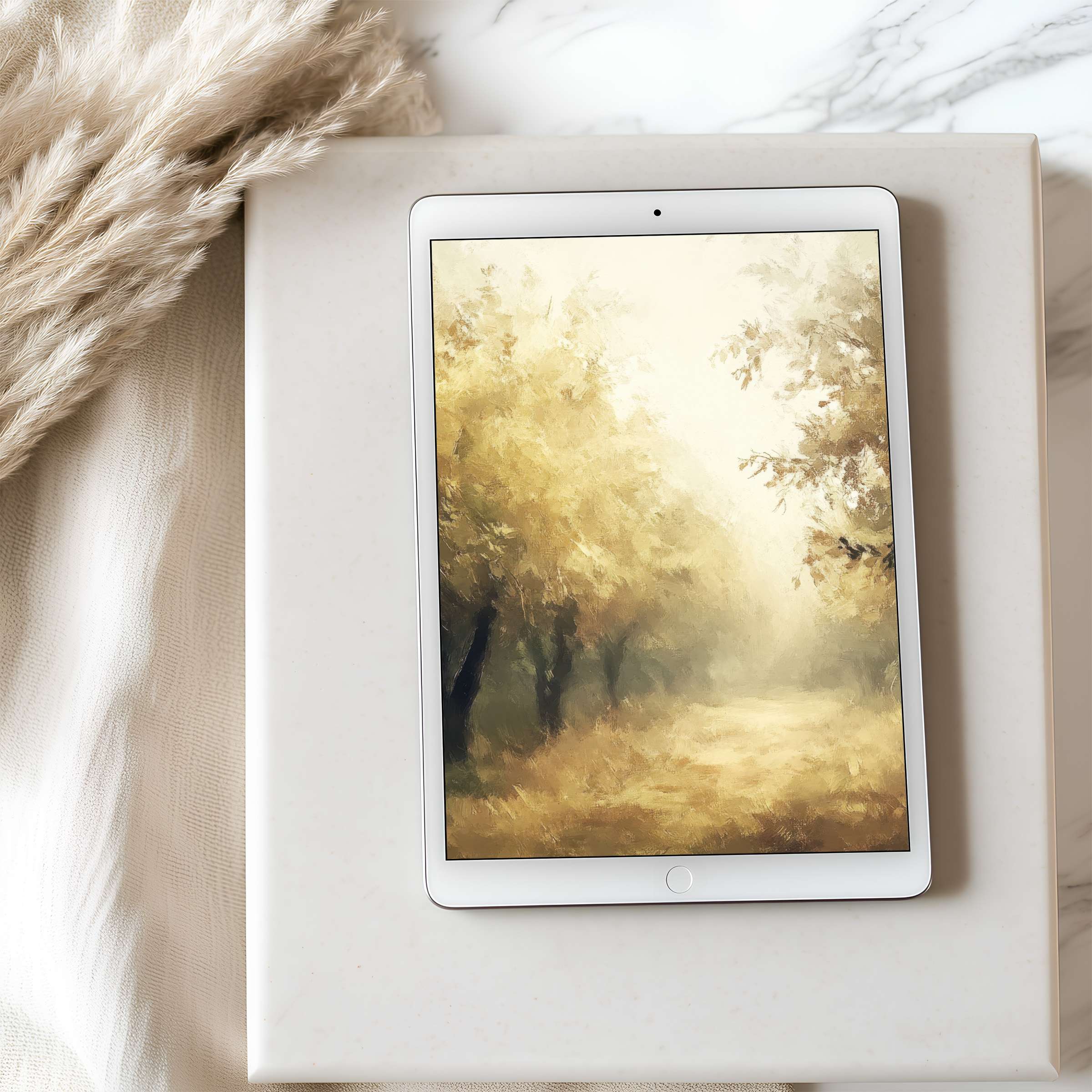 Elegant tablet wallpaper showcasing serene autumn forest scene in warm hues, perfect for iPad and Android, digital download