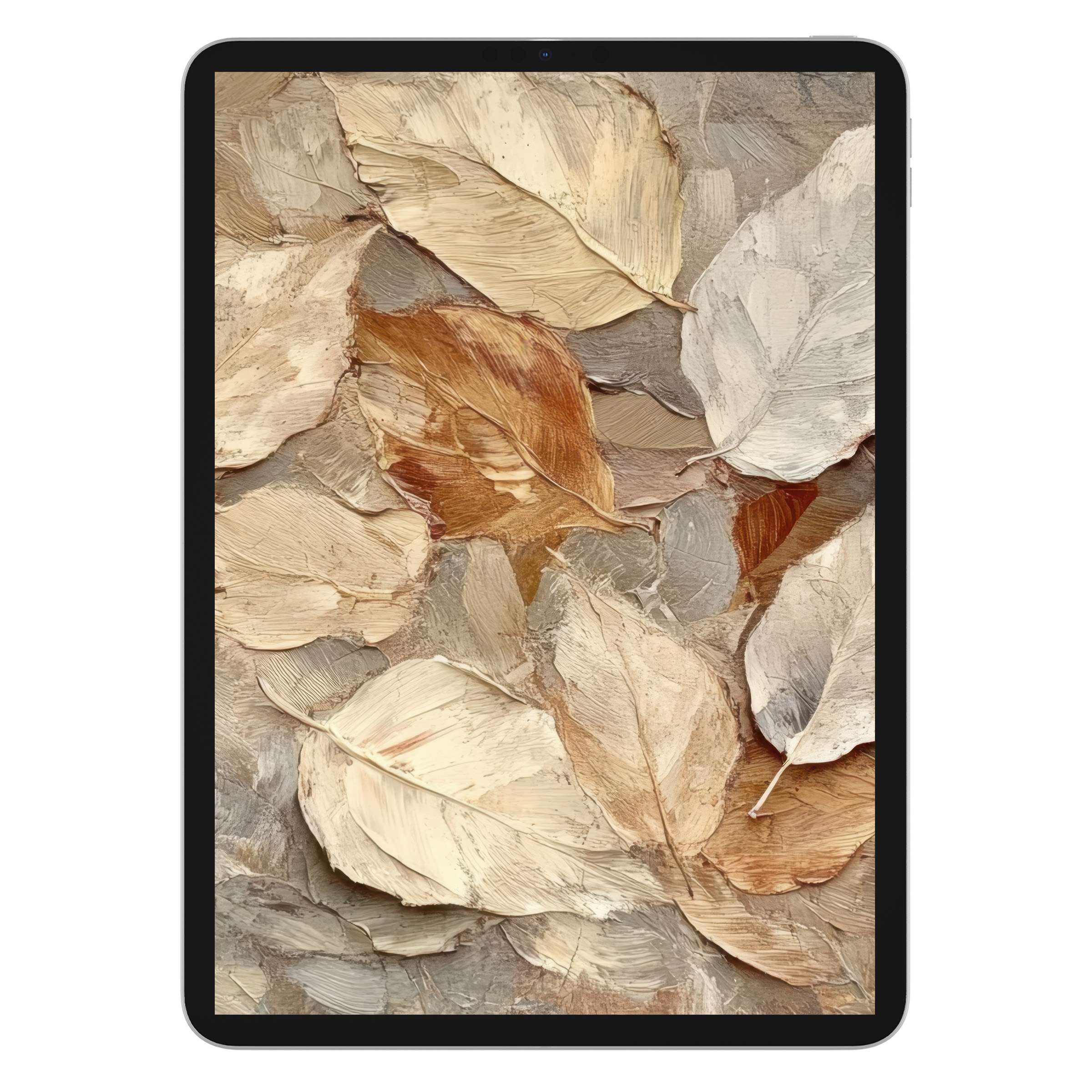 Elegant fall iPad wallpaper with textured leaves in earthy tones, perfect digital download for a serene tablet background