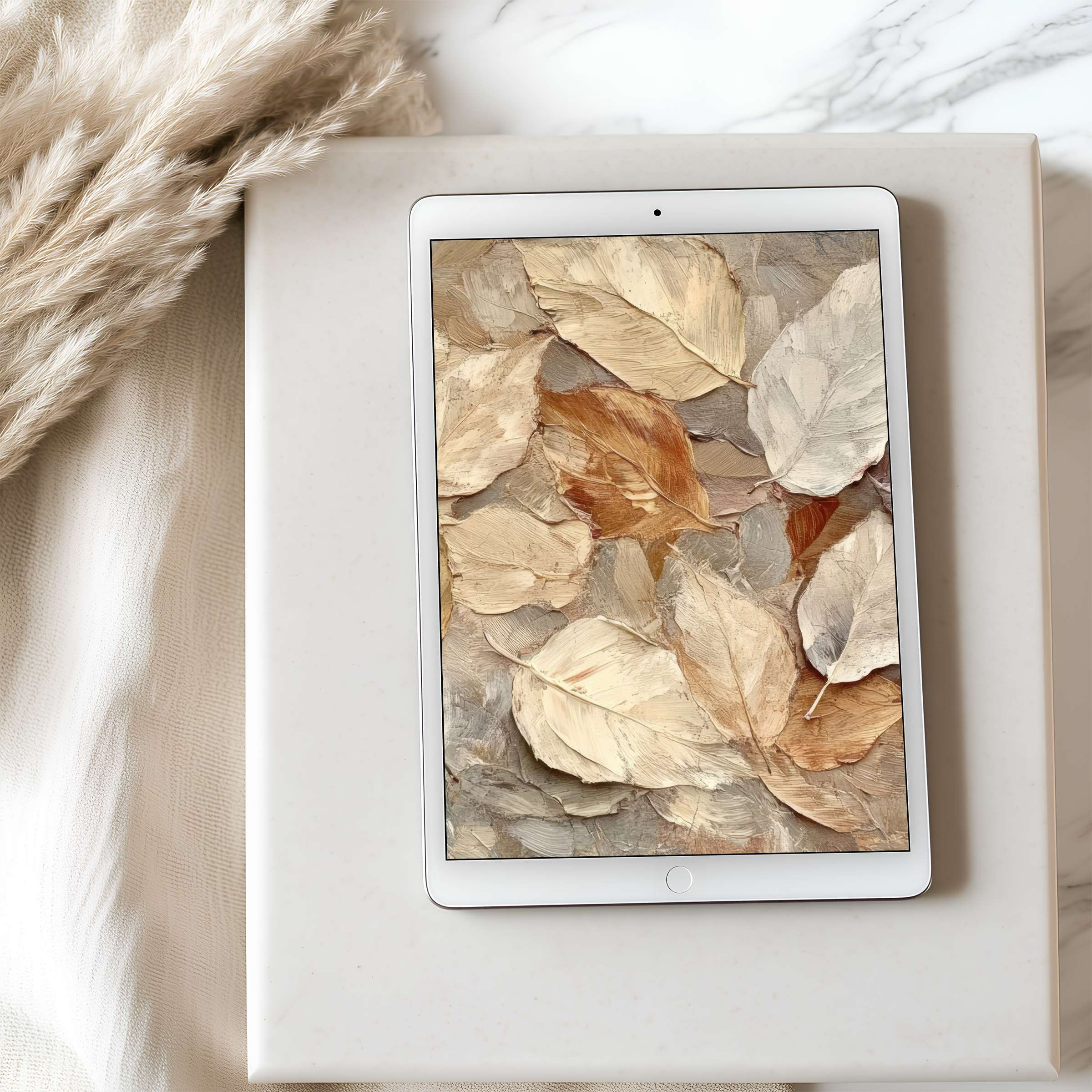 Elegant tablet wallpaper in high resolution featuring earthy leaf motifs and soft hues, perfect for iPad or Android download