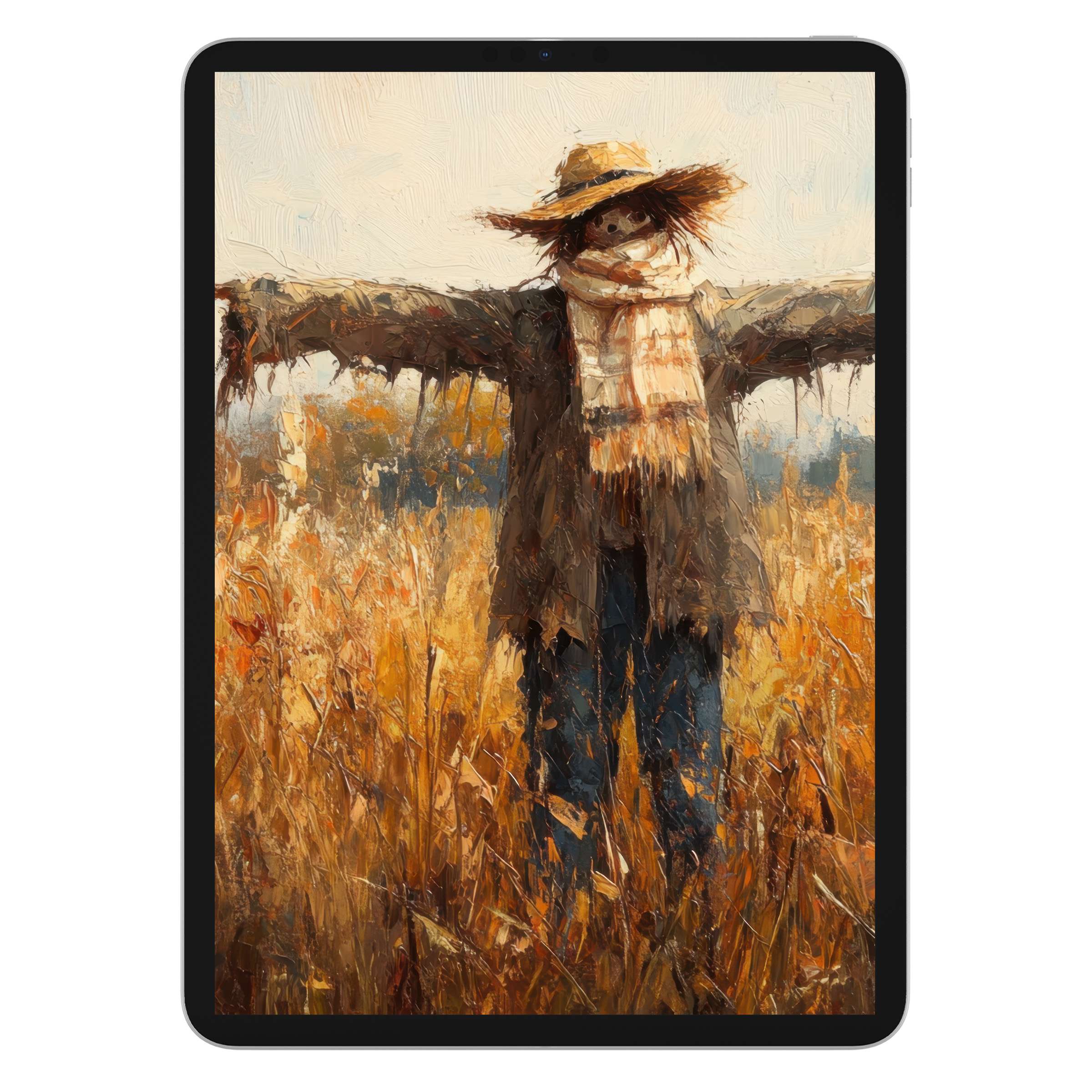 Warm and rustic fall iPad wallpaper featuring a textured scarecrow in golden fields perfect for digital download on any tablet background