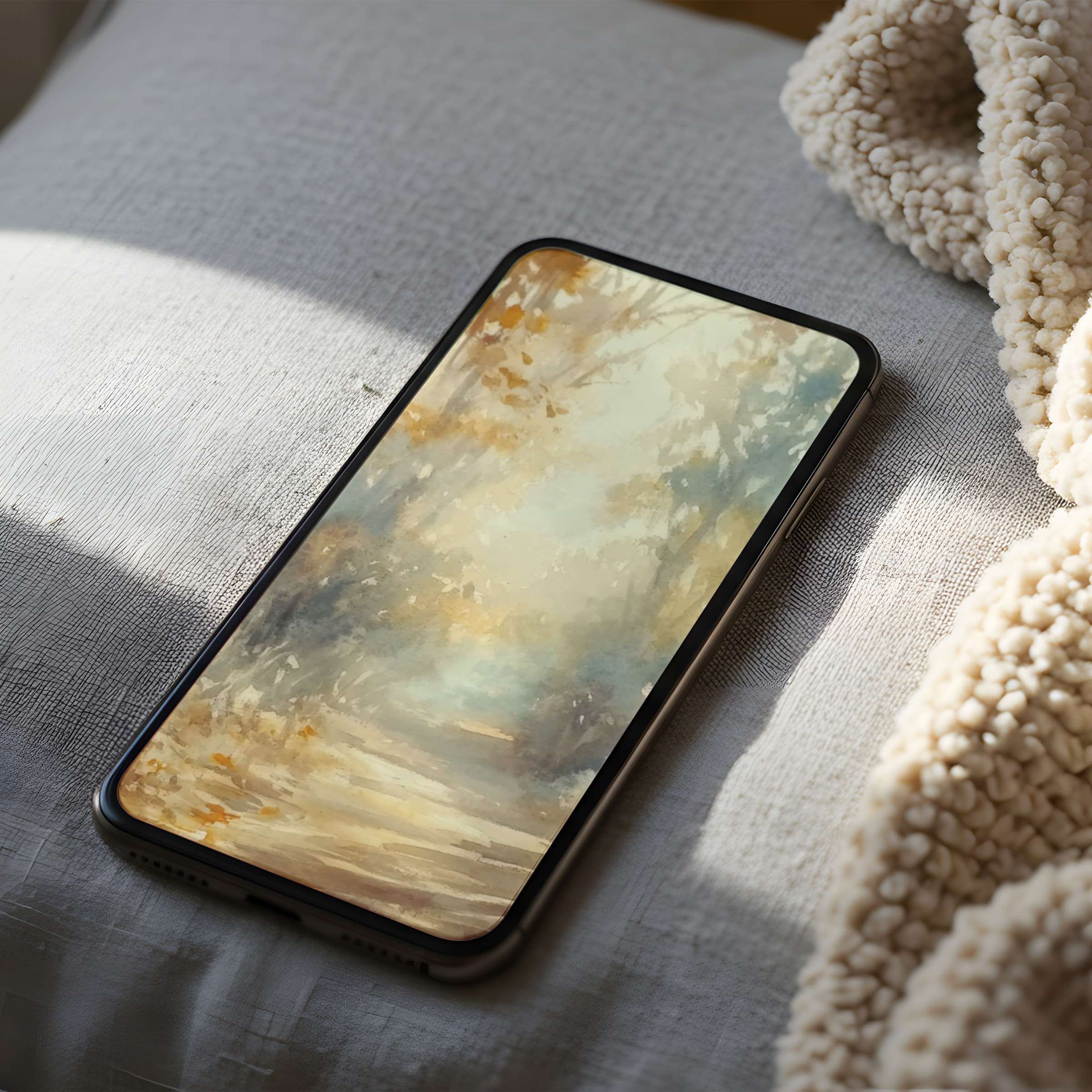 Elegant phone wallpaper featuring serene abstract fall foliage in soft earth tones, ideal for iPhone, digital download for calm aesthetics