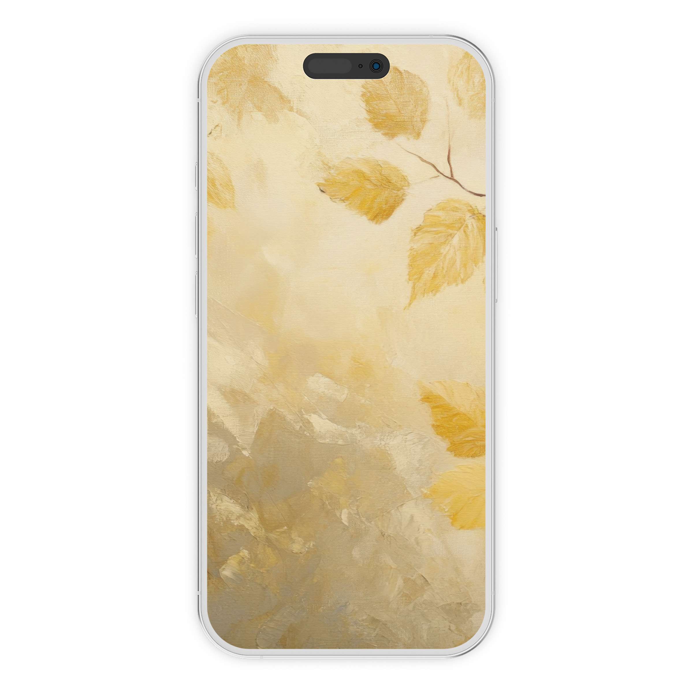 Golden leaves softly drift on a textured, cream canvas in this fall iPhone wallpaper digital download, creating a serene phone background suitable for iPhone and Android