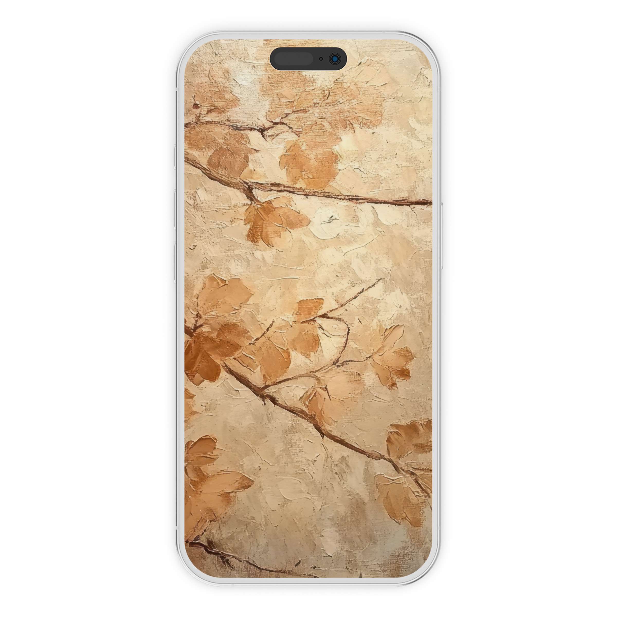 Elegant fall iPhone wallpaper featuring textured autumn leaves in warm tones, ideal phone background for digital download versatility
