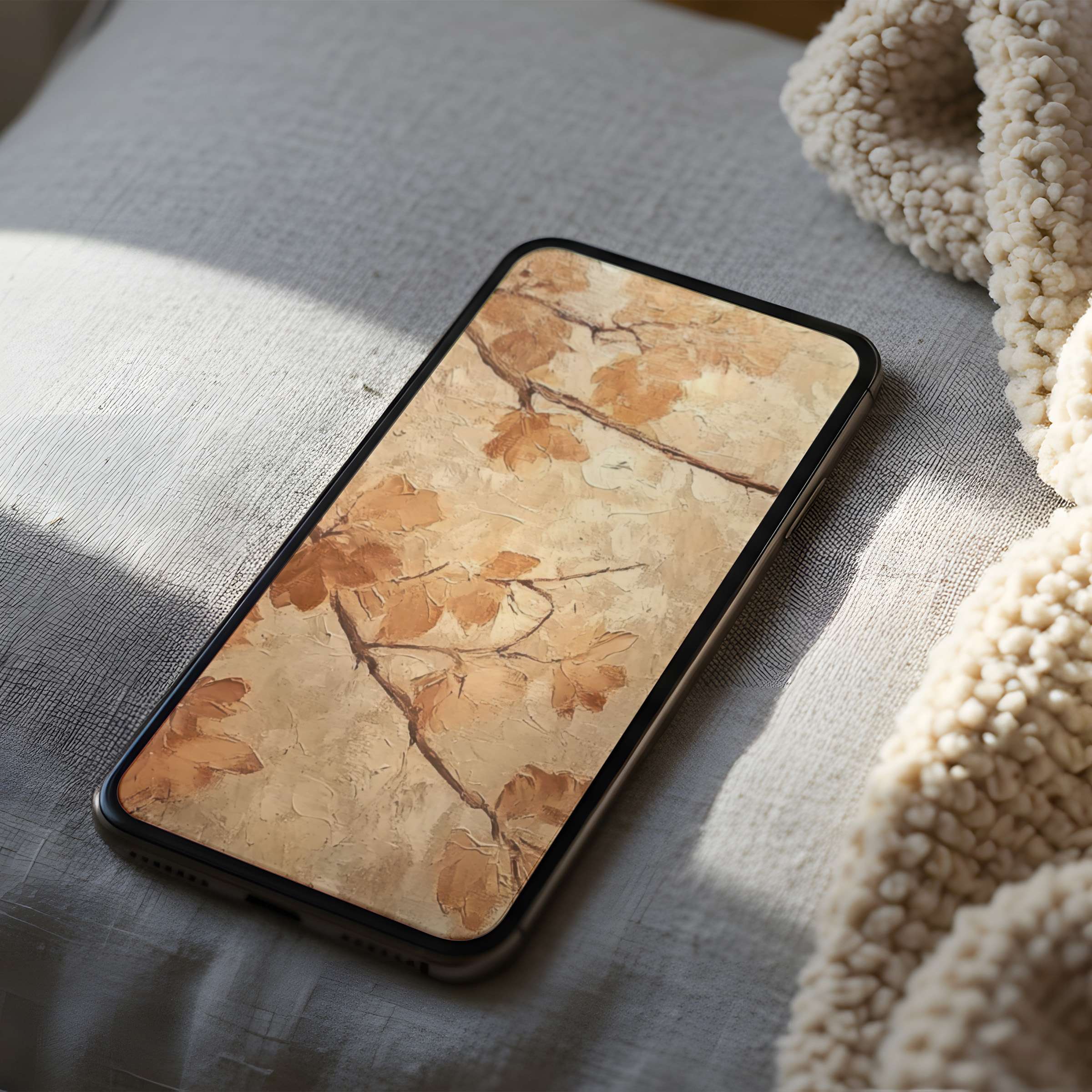 Elegant phone wallpaper with earthy tones and delicate branches offers high-resolution art, perfect for aesthetic mobile screens, digital download