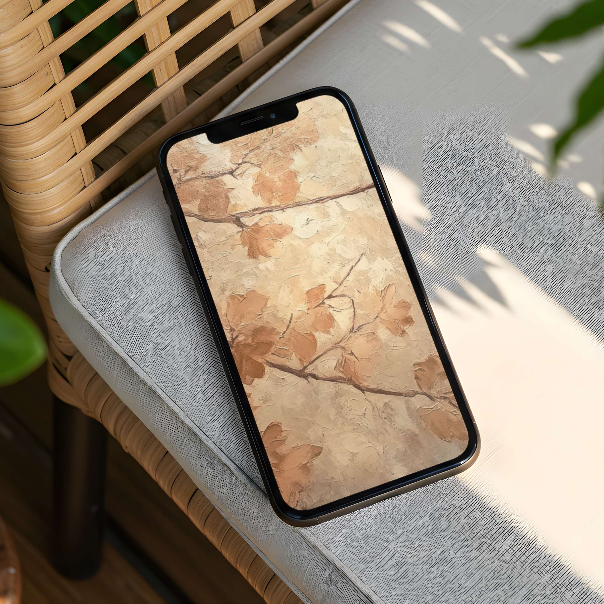 Elegant, earthy-toned iPhone background with serene leaf art offers instant download for mindful phone aesthetics, fits all devices