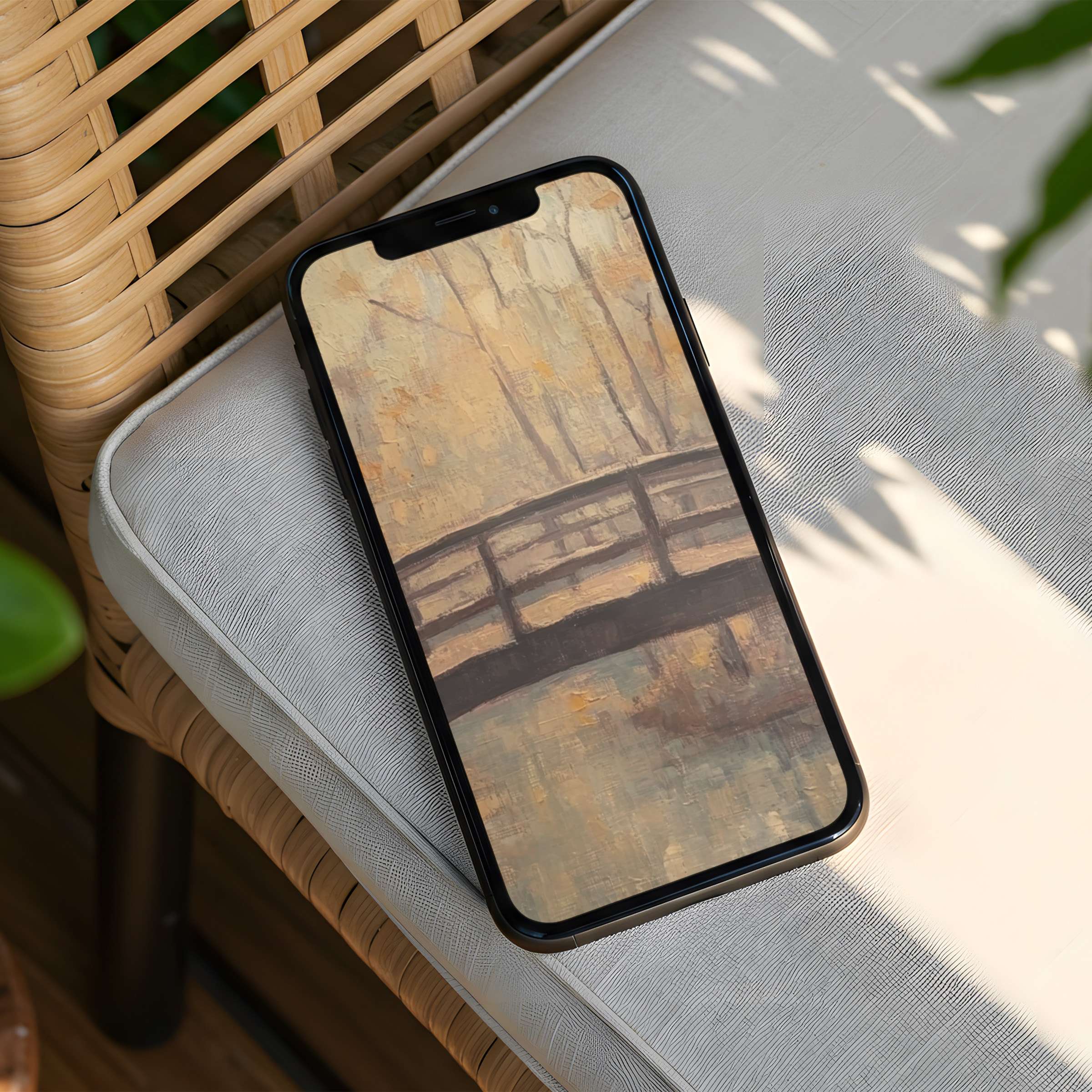 Serene iPhone background with a painted bridge offers elegance and calm, perfect for phone screens, instant download available