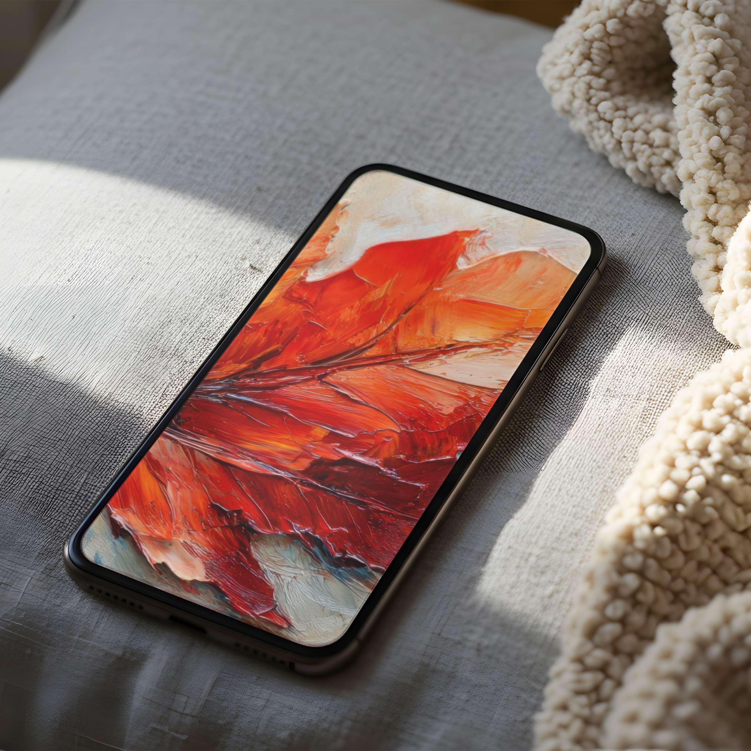 Elegant abstract phone wallpaper with vibrant red and orange brushstrokes, perfect for iPhone and Android, offering high resolution calm