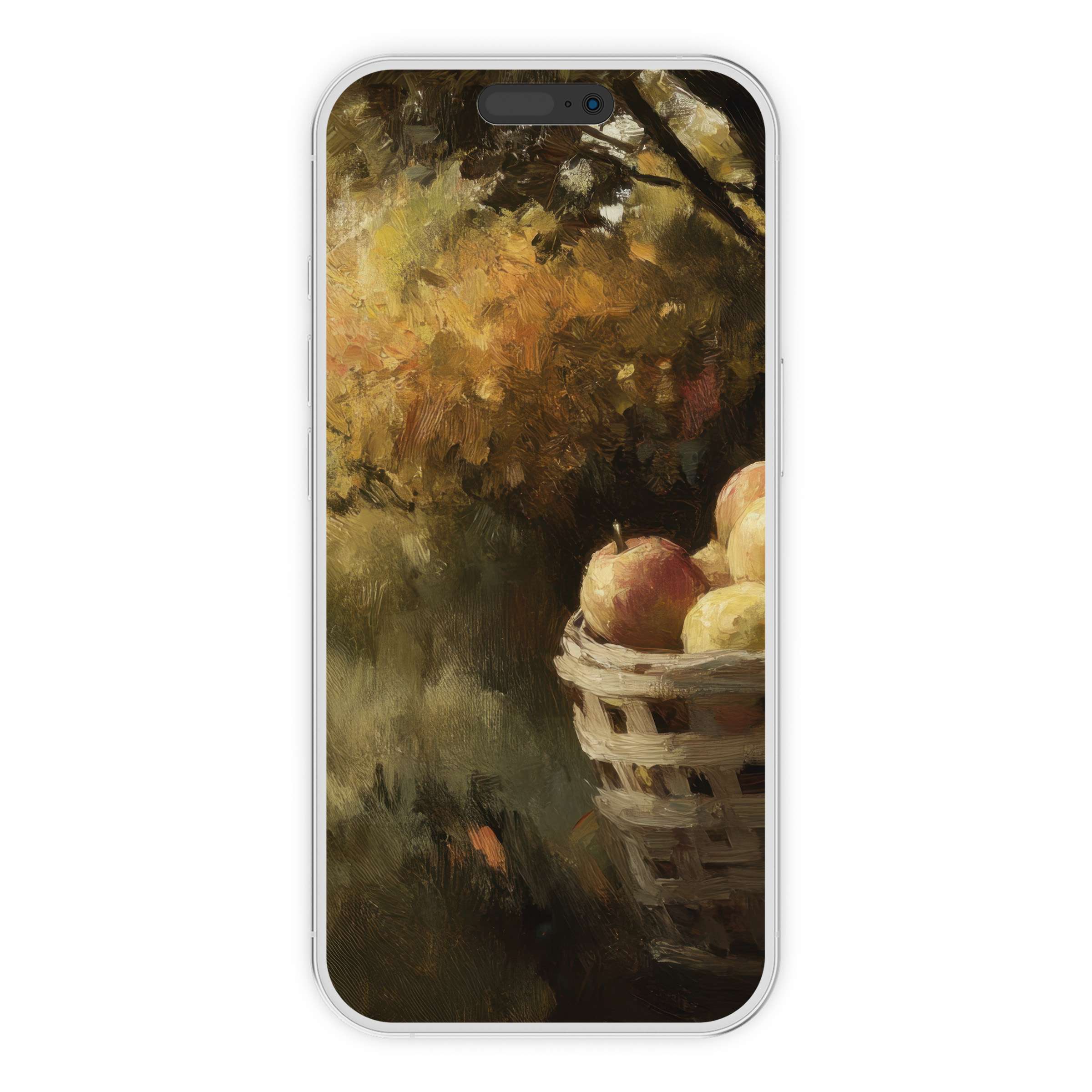 Warmly painted fall iPhone wallpaper features a basket of apples under autumnal foliage, digital download for serene phone background
