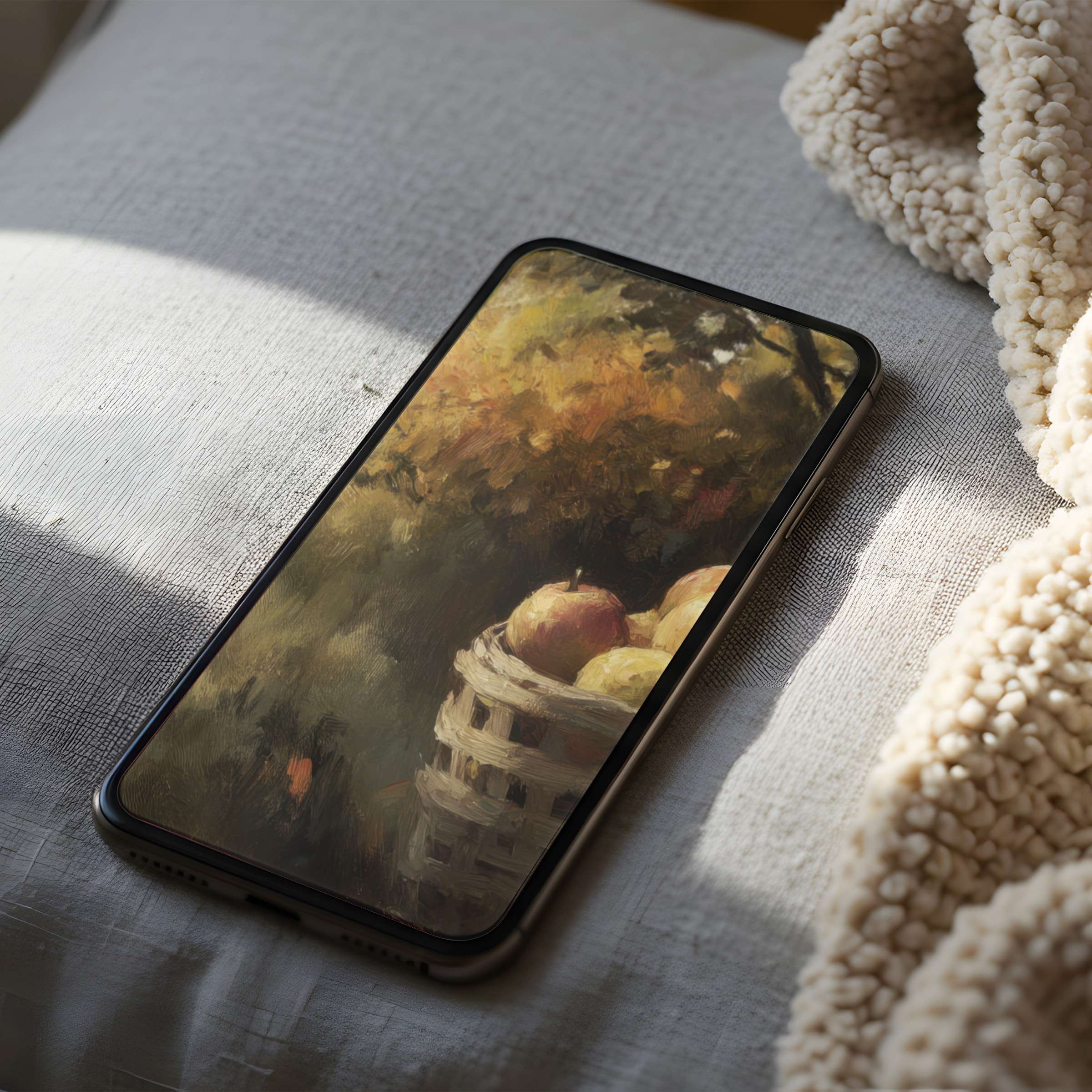 Elegant phone wallpaper featuring a serene autumn scene with apples in a basket perfect for iPhone or Android digital download