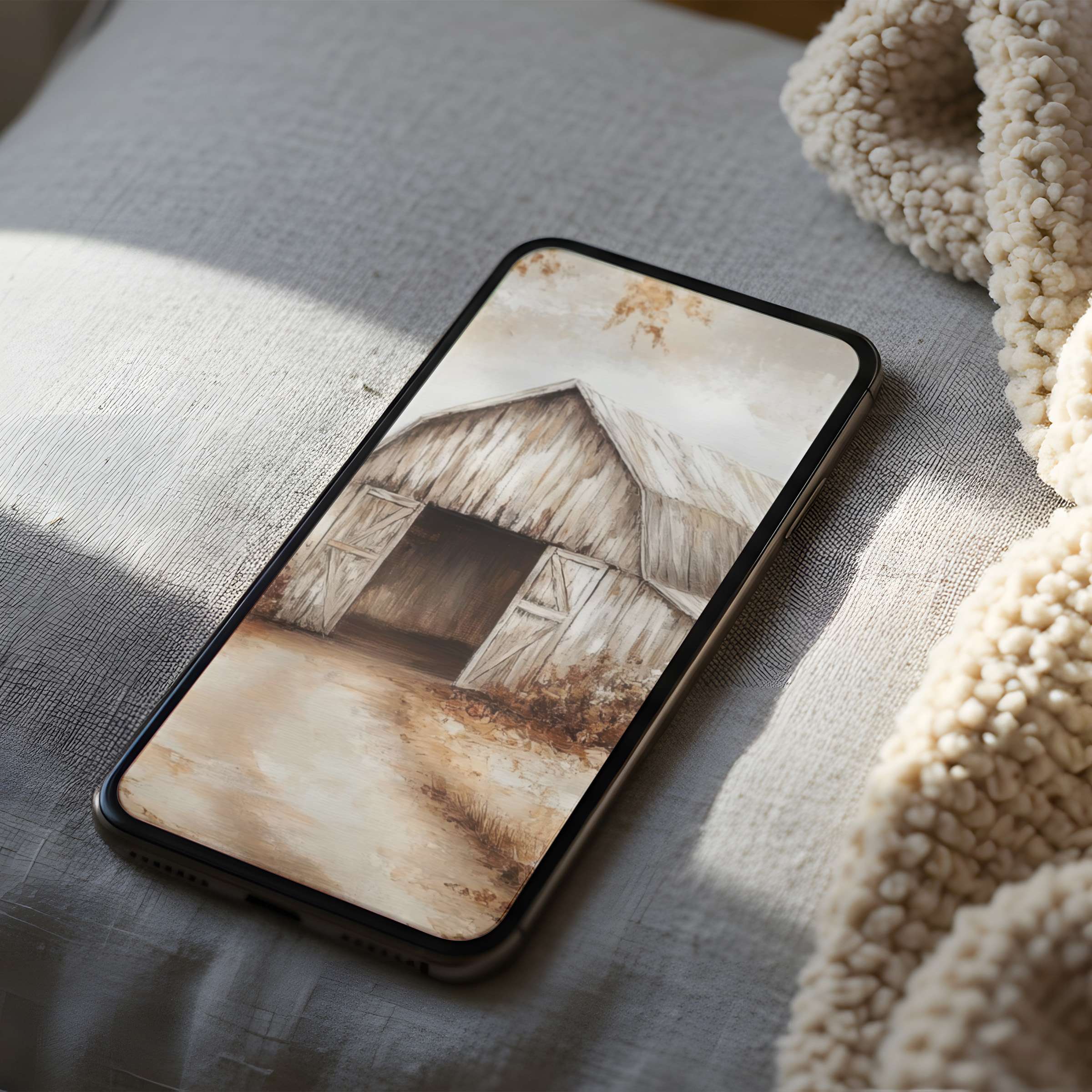 Elegant rustic barn phone wallpaper in warm earthy tones, perfect high-resolution digital download for iPhone and Android devices
