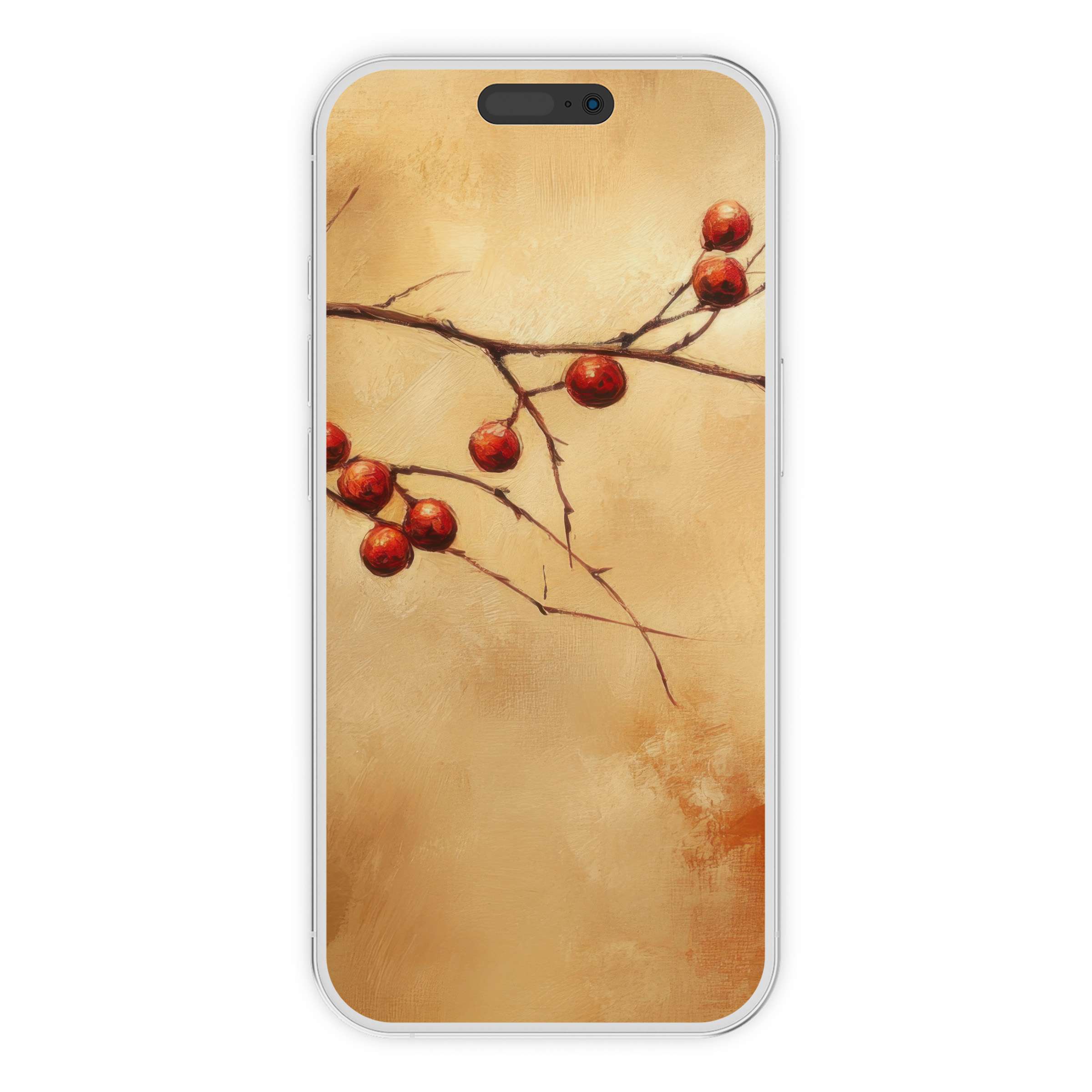 Elegant fall iPhone wallpaper with painterly red berries on branches, perfect digital download for phone backgrounds, enhances tranquility