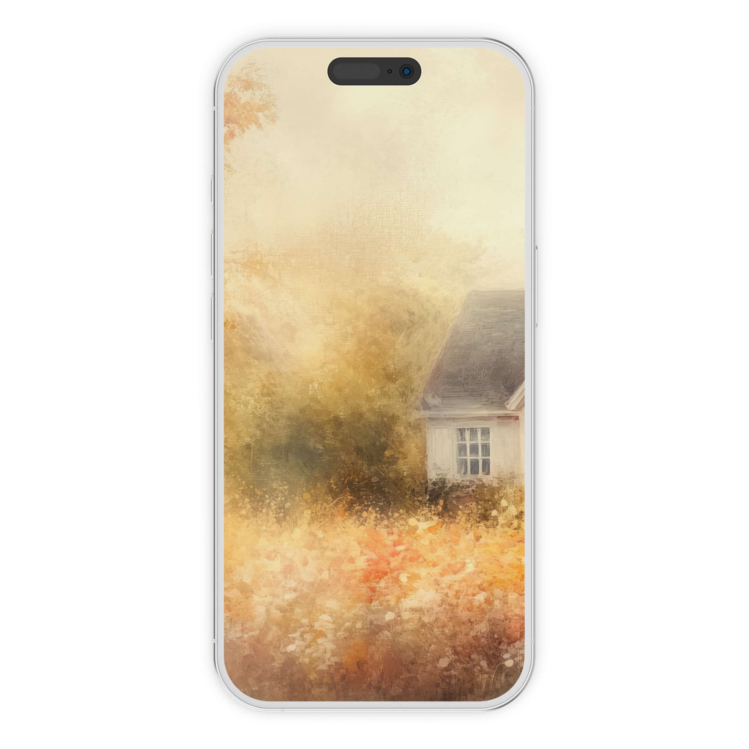 Elegant fall iPhone wallpaper digital download with serene golden hues and cottage scene for phone background soothing and stylish