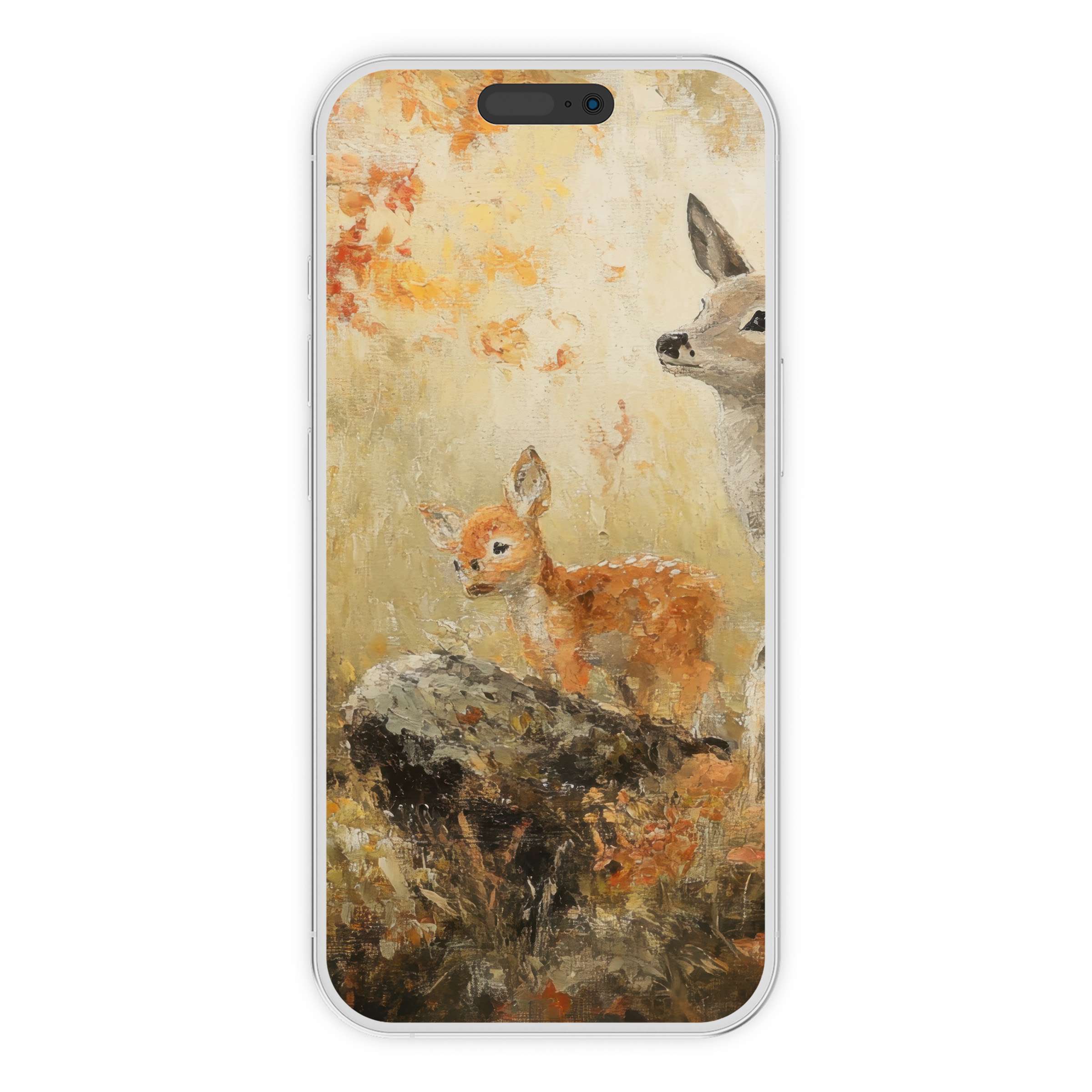 Cozy fall iPhone wallpaper showcasing a serene digital download of deer in a textured, earthy background for phone aesthetics