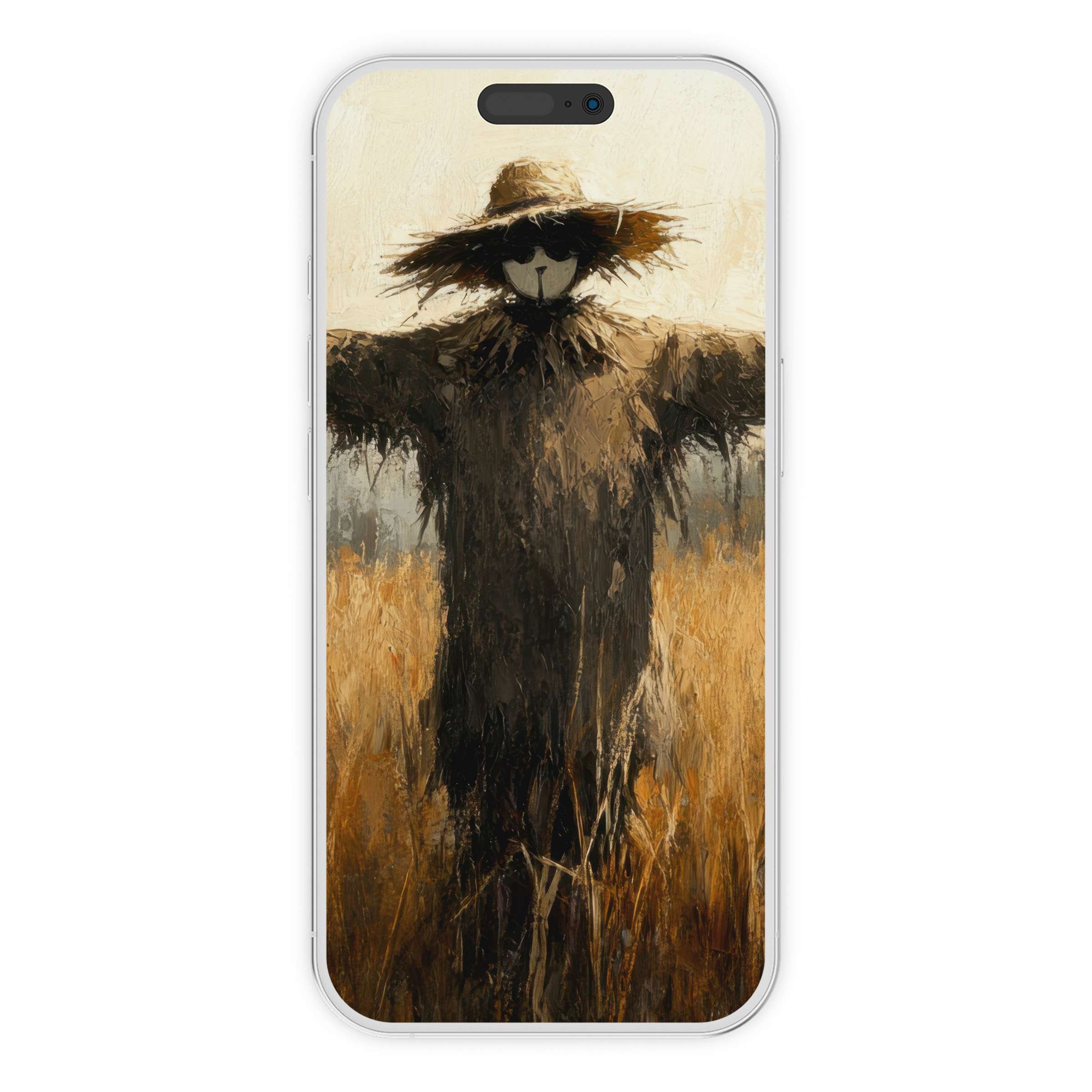 Evoke autumn serenity with a fall iPhone wallpaper featuring a rustic scarecrow in a golden field digital download for phone background