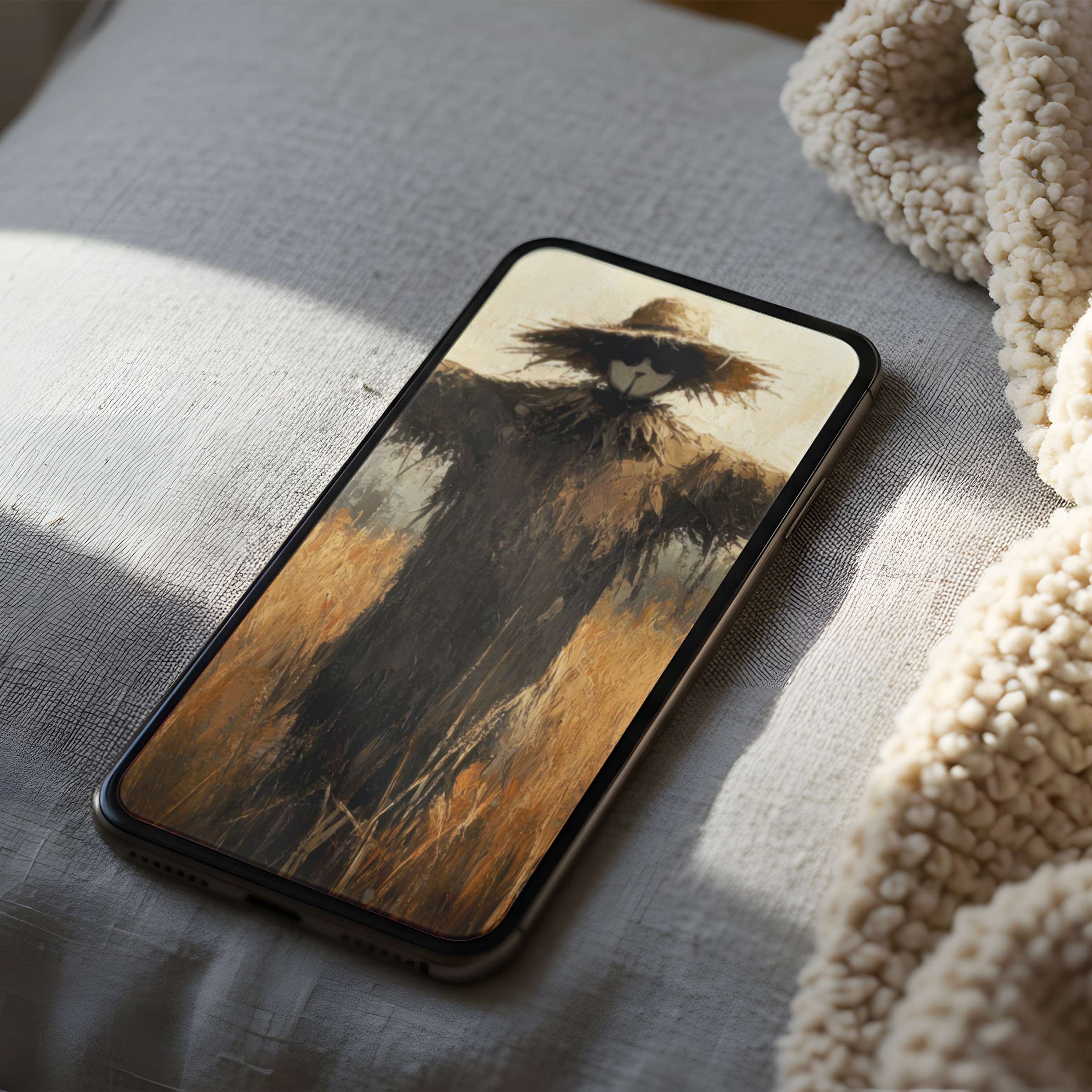 Serene scarecrow phone wallpaper in warm earth tones, perfect high resolution fit for iPhone and Android, adds calm to any space