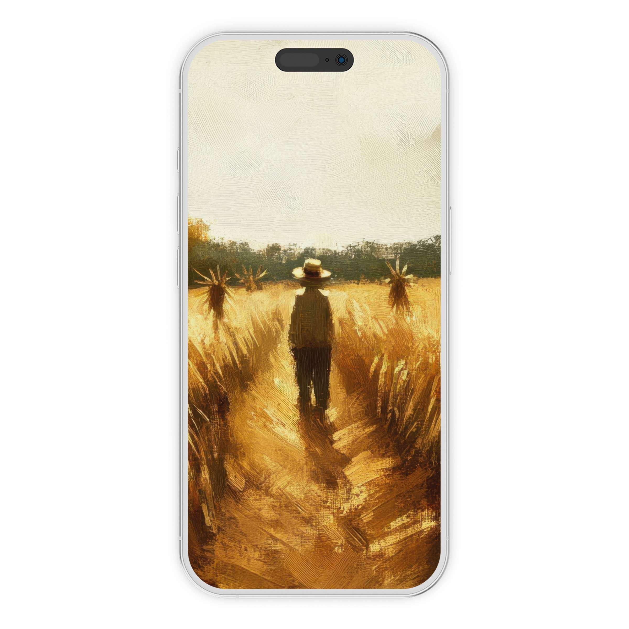 Warm-toned fall iPhone wallpaper featuring a lone figure in a golden field, perfect phone background for digital download art lovers