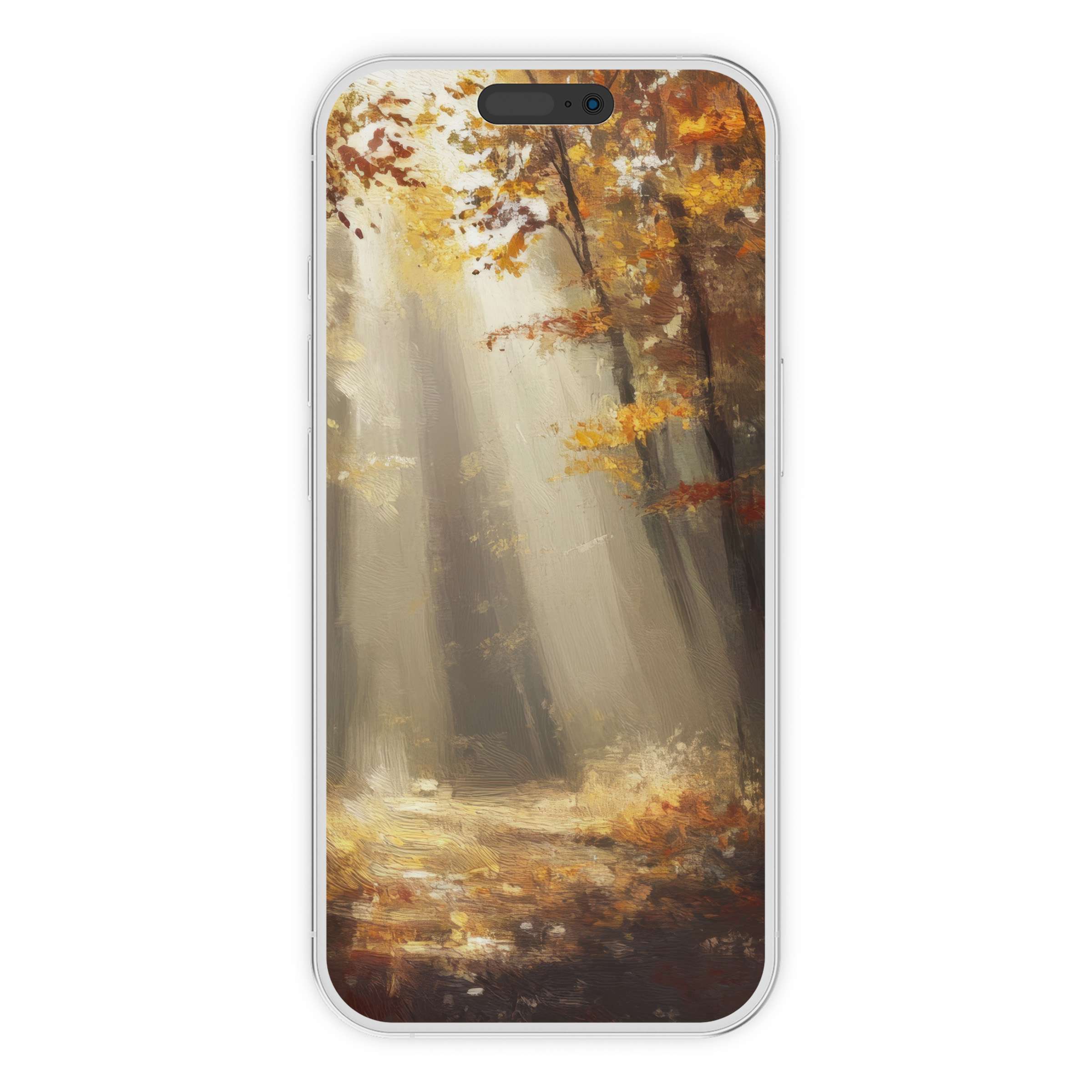 Sun-drenched autumn forest canvas in a digital download fall iPhone wallpaper for serene phone background calm and elegant