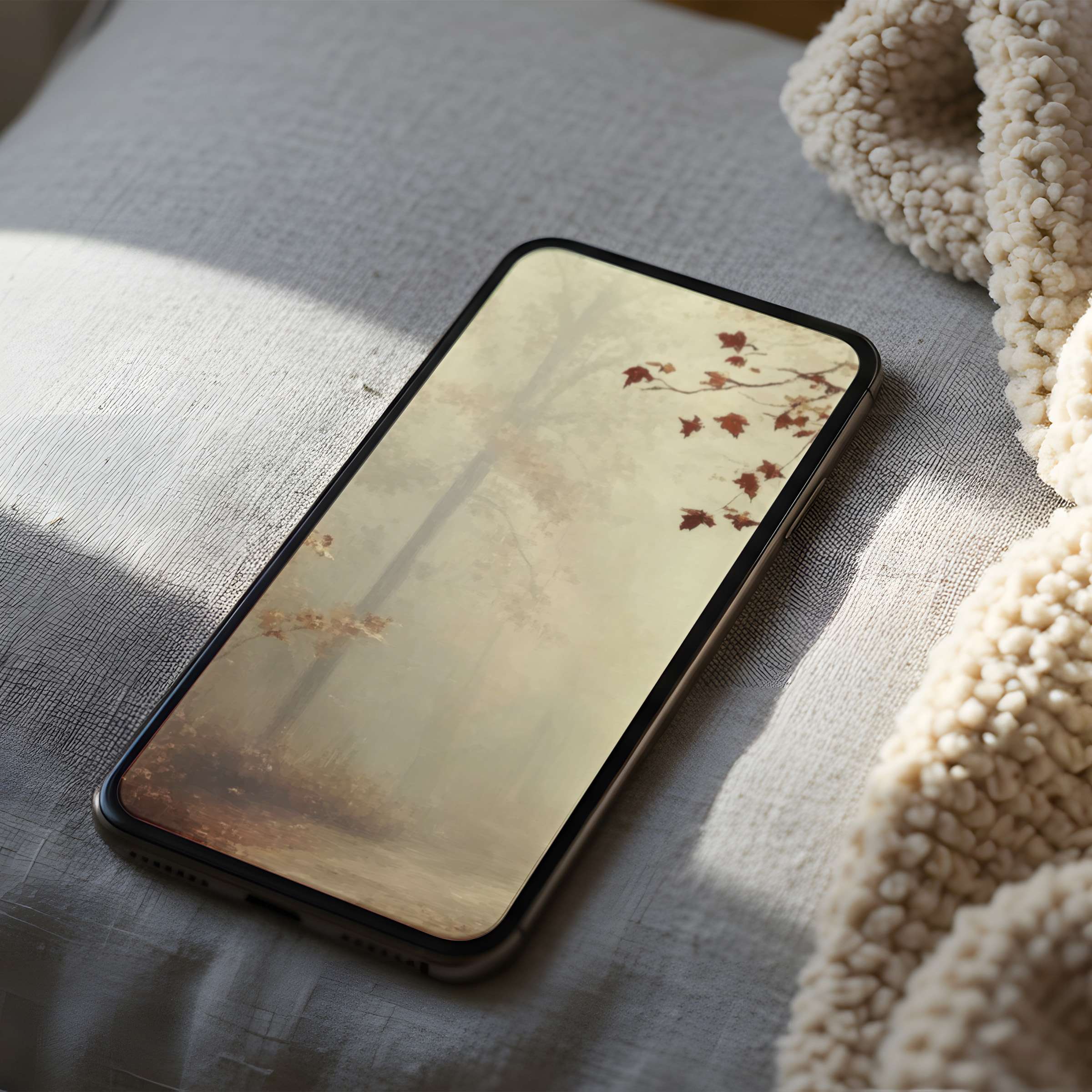 Elegant autumn-inspired phone wallpaper featuring muted foliage and mist for a serene, curated look suitable for iPhone and Android