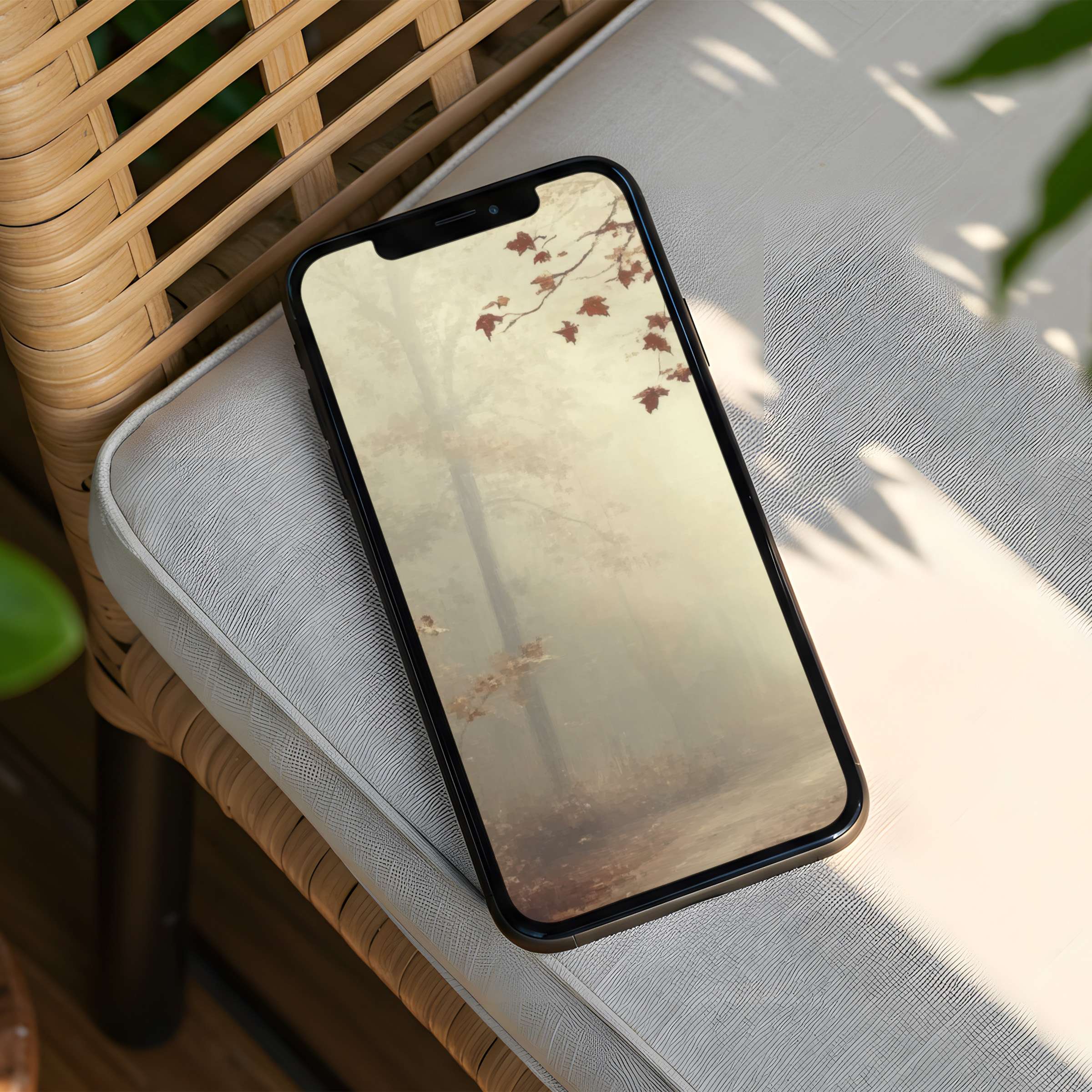 Elegant iPhone background featuring serene misty forest with autumn leaves for instant download beautifying any phone screen
