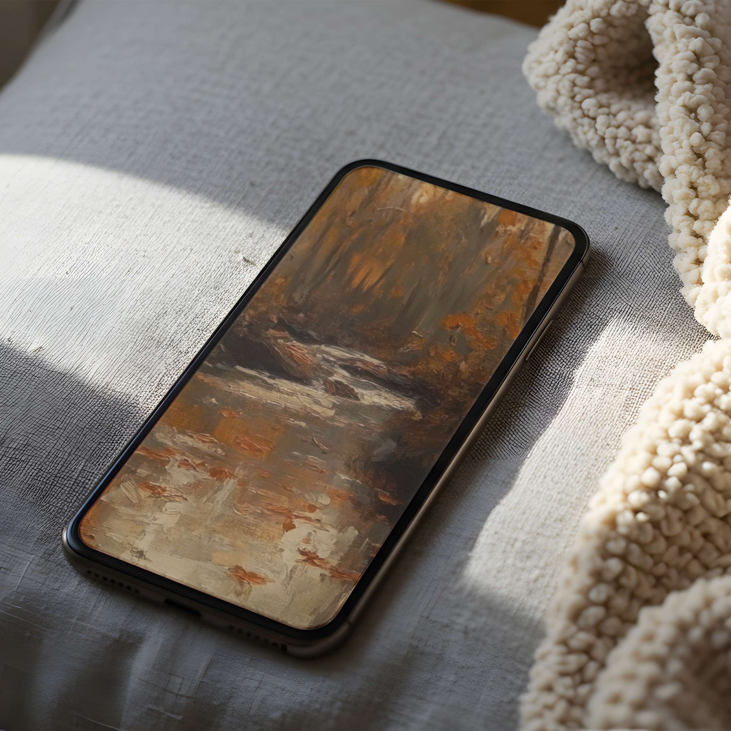 Elegant phone wallpaper featuring a calming autumn landscape in earthy tones perfect for iPhone and Android digital download