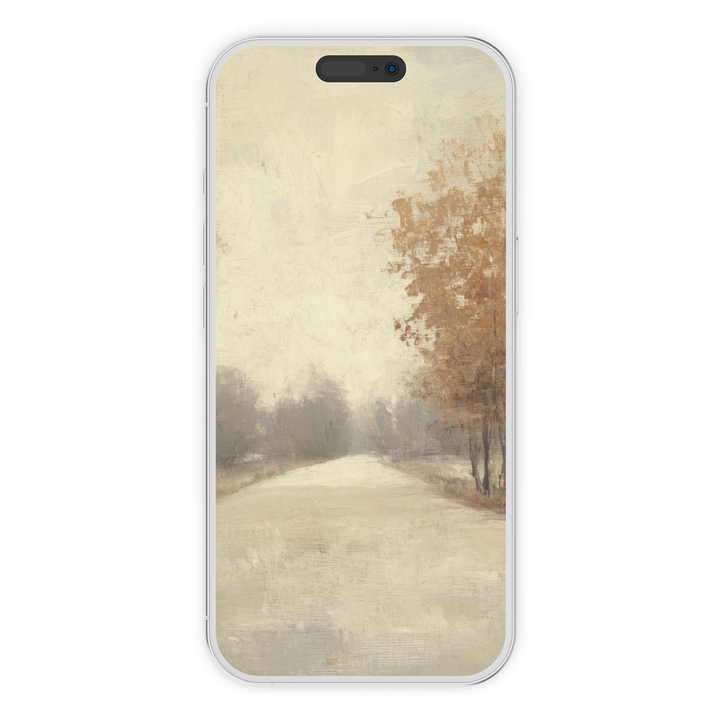 Elegant fall iPhone wallpaper showcasing a serene, misty road with autumn trees, perfect phone background digital download for calm