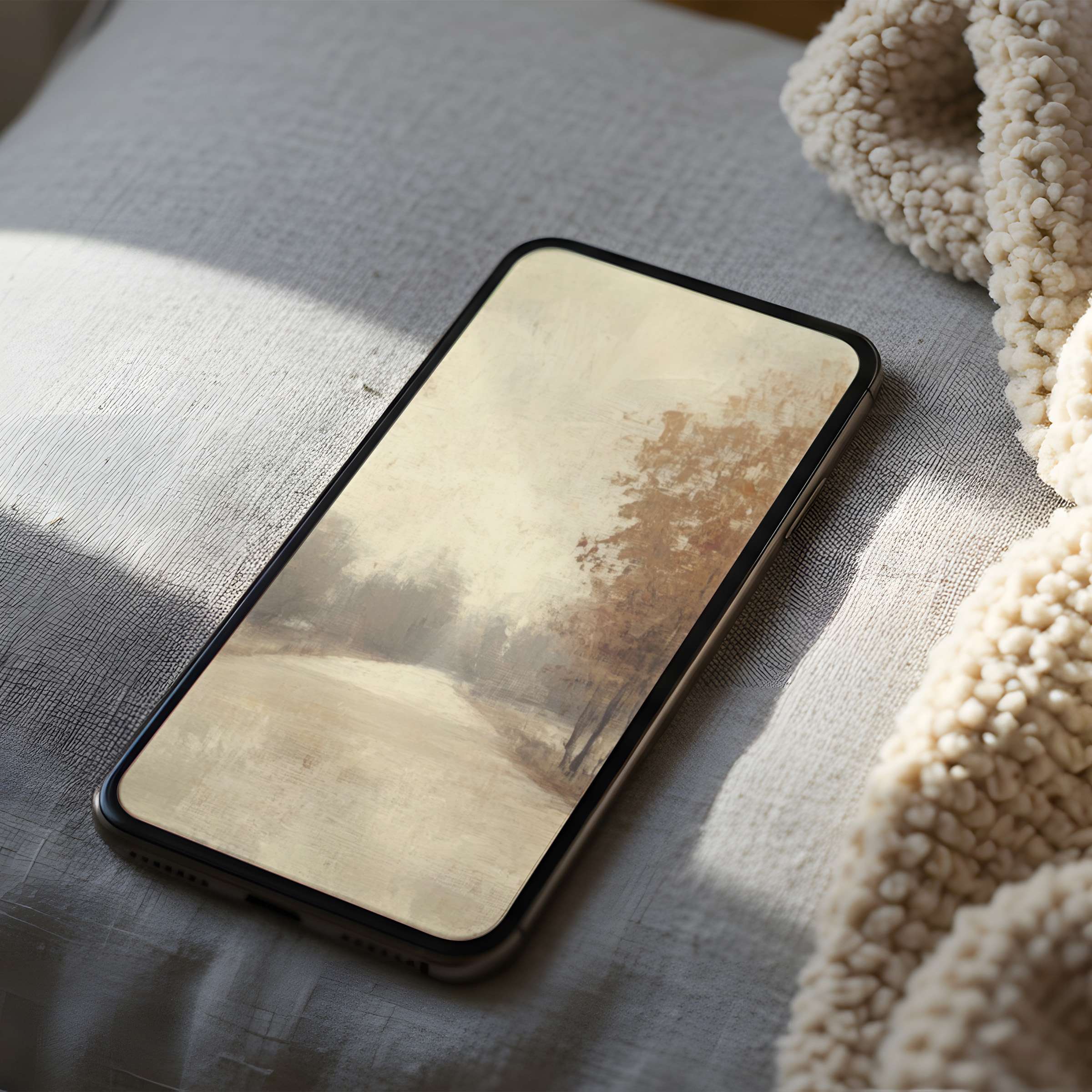Calming landscape phone wallpaper in warm earthy hues graces your iPhone, offering a high-resolution digital download for serene design seekers
