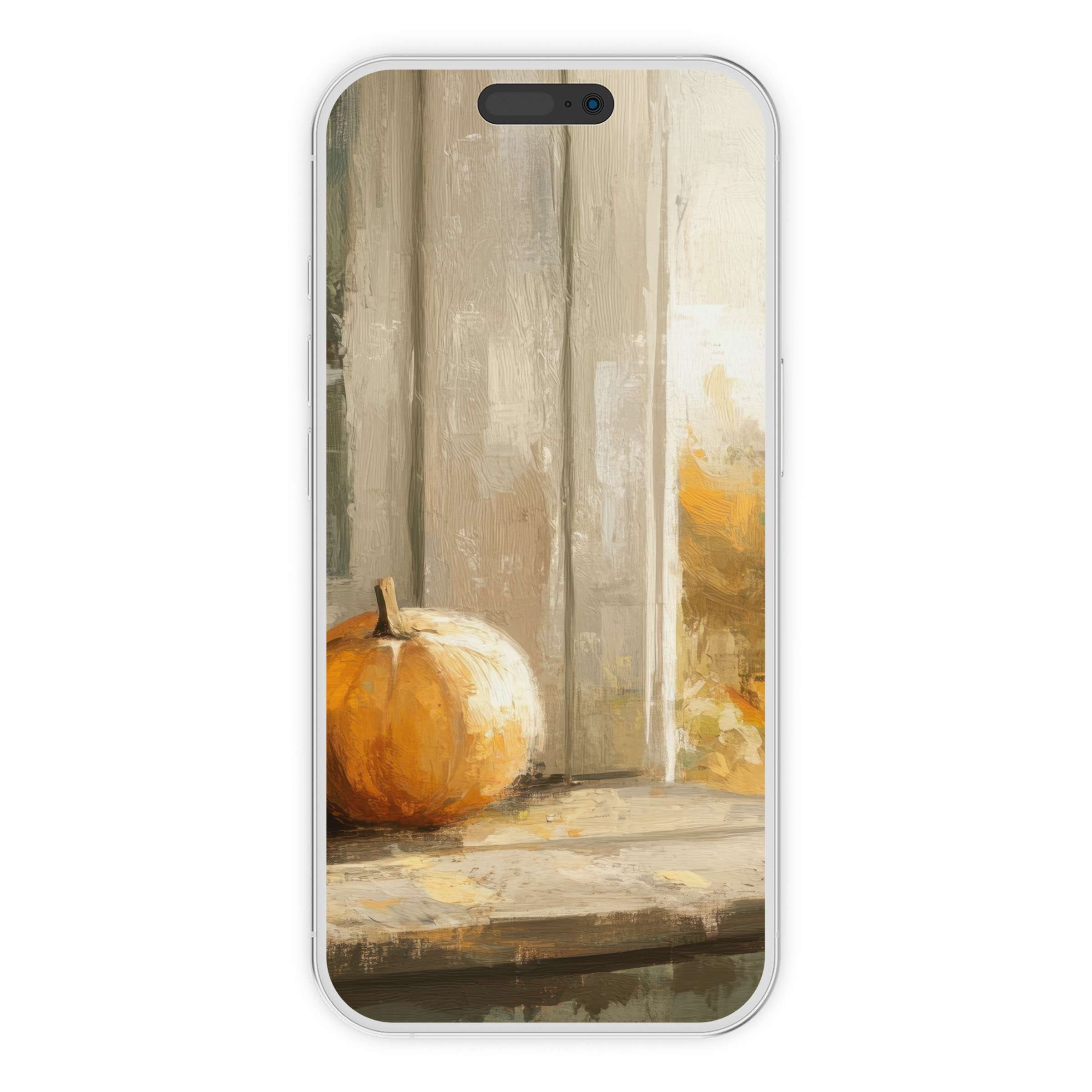 Tranquil fall iPhone wallpaper with a pumpkin and rustic textures offers a calming phone background as a digital download for all devices